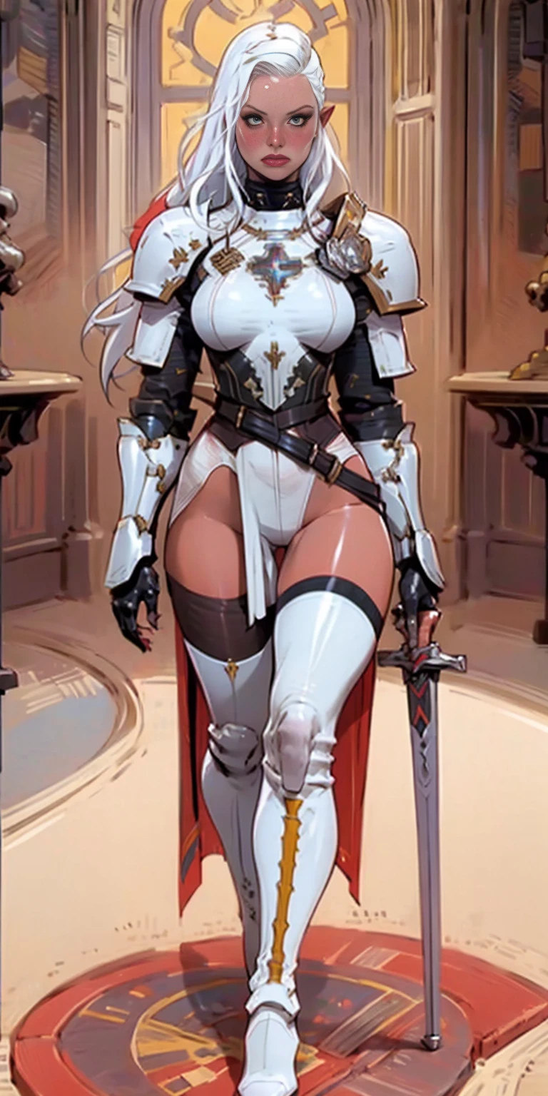 (best qualityer))), (((manga strokes))), woman black knight, (((black helmet))), metal panties, medieval albino girl, Barbed wire garter belt, breasts covered with a metallic chest protector shaped like bat wings, Curly white hair, chains wrapped around the arm, metal gloves, great sword, medieval castle, fitness body, blood, nude belly, coxas nuas (((manga style))), violent, Manic, slenderbody, thin but strong, perfectbody, armor black, ornate metal sleeves, (( cowboy shot )). Intricate look with a huge medieval castle