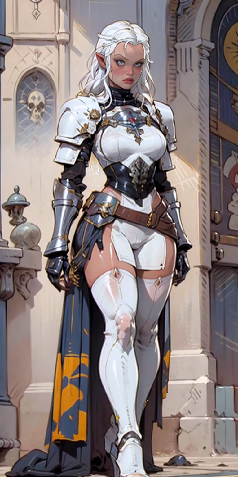 masterpiece, best quality, high quality, white SKIN elf, long hair, white hair, yellow eyes, full body, def_effie, blue breastplate, white skin, looking at viewer, shiny,armor, thighhighs, high boots,shoulder armor, faulds, poleyn, gloves, gauntlets