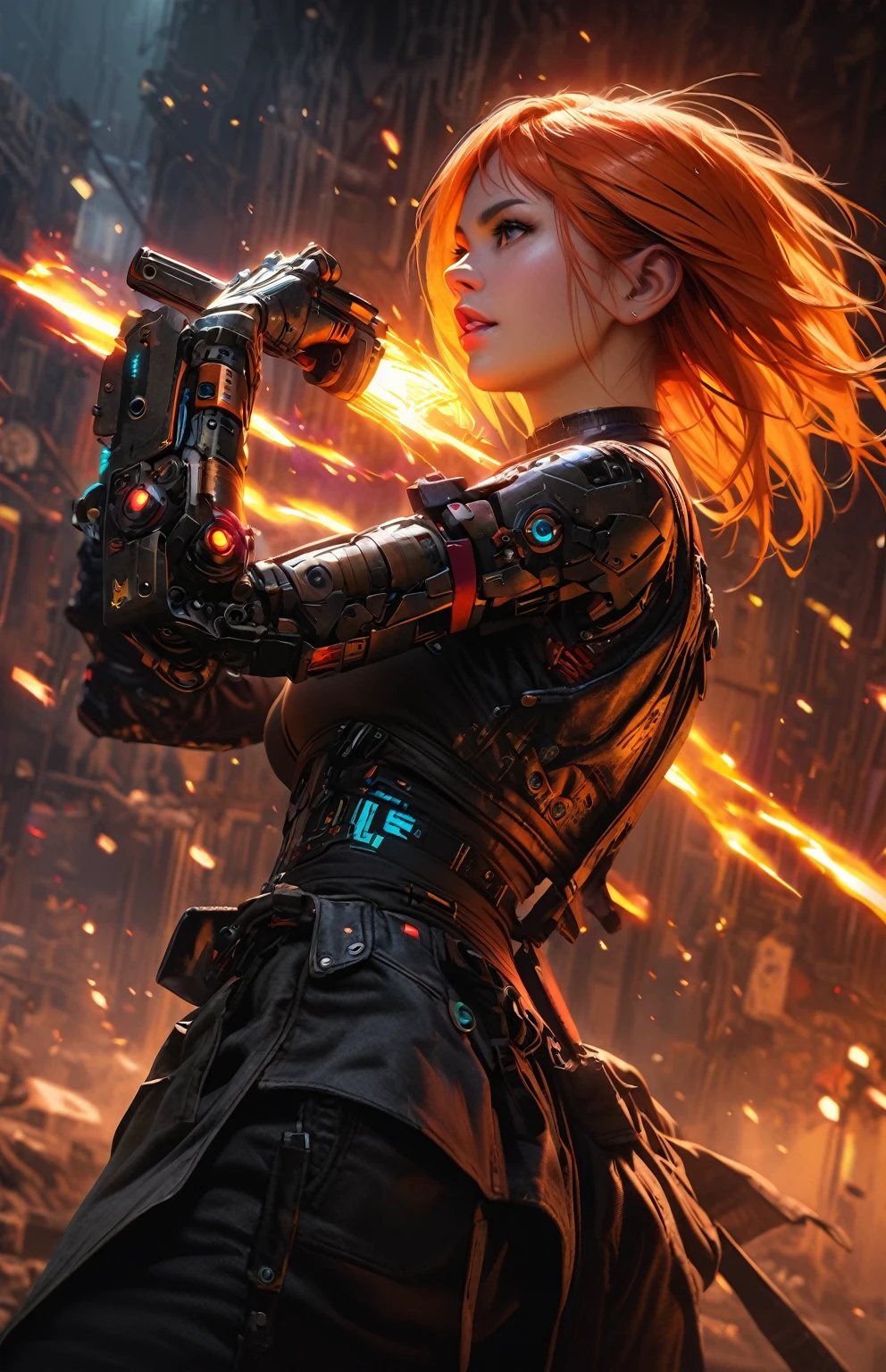 A highly detailed and realistic skull girl, cyberpunk character, mad max furiosa, one hand robot, cyborg arm, orange hair, dramatic metal heavy rock theme, best quality, 8k, hyperrealistic, photorealistic, extreme detailed painting, studio lighting, vivid colors, dark moody atmosphere, cinematic, dramatic pose, intricate mechanical details, glowing energy effects, intense gritty textures, seamless integration of organic and inorganic elements