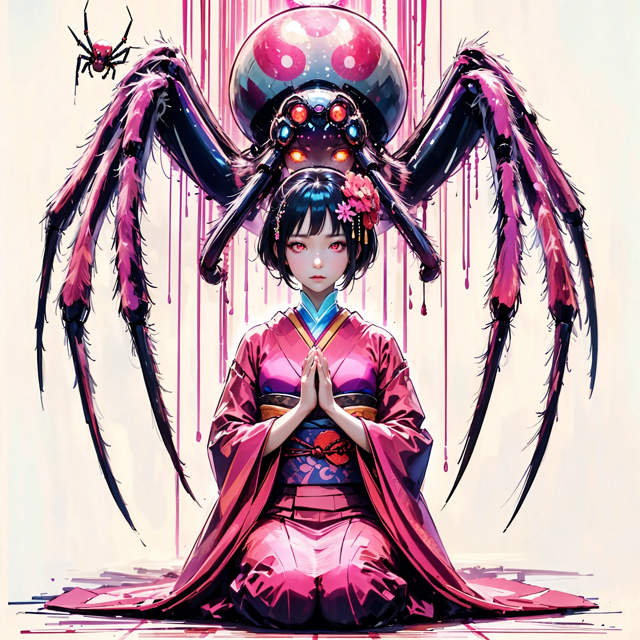 Japanese kimono girl. Praying girl. Pink eyed girl. Giant spider behind the girl. Pink spider aura. Phantom spider. Hanging spider.