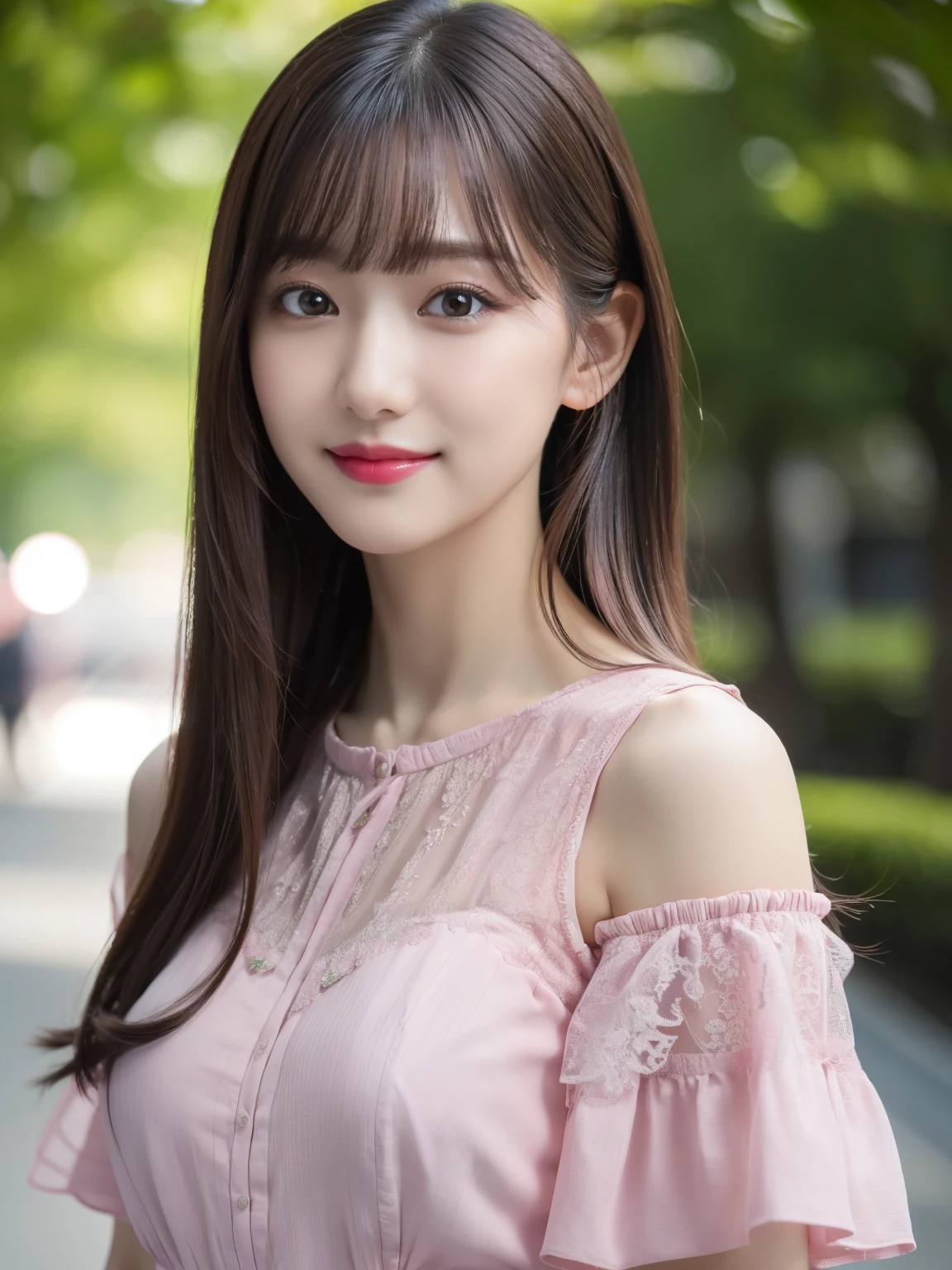 1 girl,(Wearing a deep pink short-sleeved blouse:1.2),(RAW Photos, highest quality), (Realistic, Realistic:1.4), Tabletop, Very delicate and beautiful, Very detailed, 2k wallpaper, wonderful, In detail, Very detailedなCGユニティ8K壁紙, Very detailed, High resolution, Soft Light, Beautiful detailed girl, Very detailed目と顔, Beautiful and sophisticated nose, Beautiful and beautiful eyes, Dark pink lipstick, Cinema Lighting, Spring Green Park, Perfect Anatomy, Slender body, smile, Long Straight Hair, (Randomly oriented bodies), face looking at the camera,