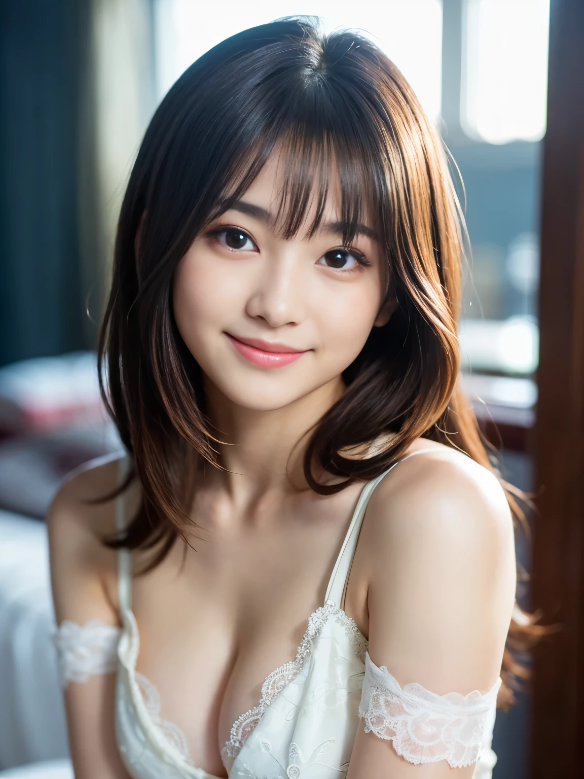 (Best-quality, Masterpiece, Ultra-High-Resolution, (Photorealistic:1.4), Raw Photo, depth of field, professional lighting, perfect anatomy, extremely details), 1girl, -yeld, thost famous Japanese idol, portrait, (extremely cute face like the most famous Japanese idol, (extremely cute and extremely big eyes), extremely beautiful hair, extremely beautiful skins), extremely cute long-eyelashes, extremely cute lips, extremely beautiful shoulders, extremely cute cleavage, innocent smile