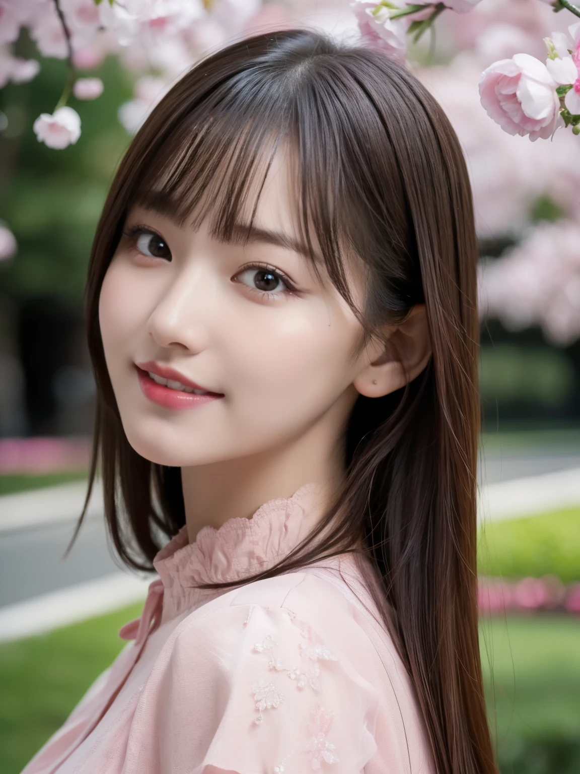 1 girl,(Wearing a deep pink short-sleeved blouse:1.2),(RAW Photos, highest quality), (Realistic, Realistic:1.4), Tabletop, Very delicate and beautiful, Very detailed, 2k wallpaper, wonderful, In detail, Very detailedなCGユニティ8K壁紙, Very detailed, High resolution, Soft Light, Beautiful detailed girl, Very detailed目と顔, Beautiful and sophisticated nose, Beautiful and beautiful eyes, Dark pink lipstick, Cinema Lighting, Spring Green Park, Perfect Anatomy, Slender body, smile, Long Straight Hair, (Randomly oriented bodies), face looking at the camera,