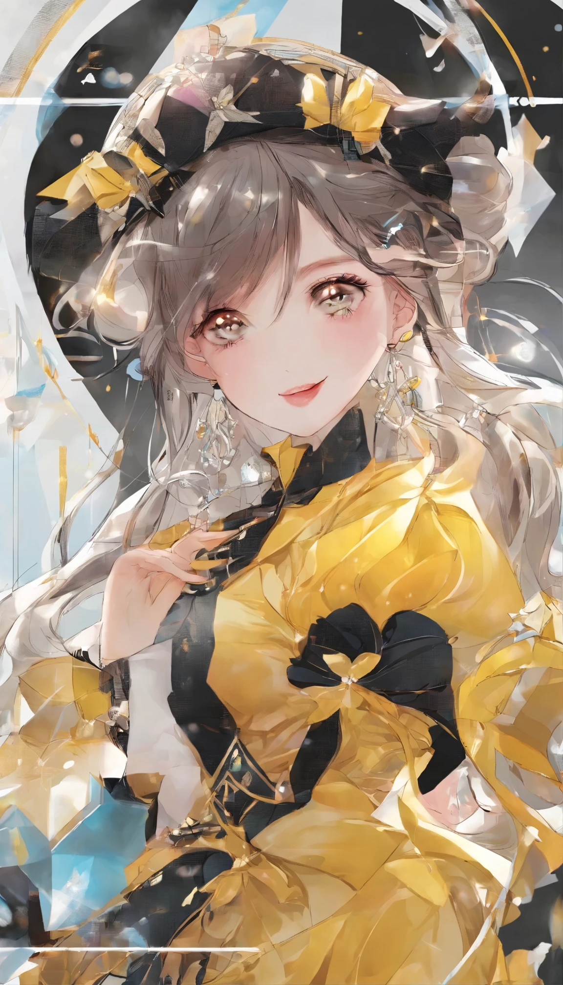 (masterpiece、highest quality)、Beautiful doll images ((One girl、Woman with long flowing hair)、(Star-shaped pupil Symbol-shaped pupil、Sparkling eyes that sparkle like the night sky)、(Open mouth with attractive open-mouth smile)、(Staring straight at the viewer、A light and seductive smile plays on your lips)、(Abstract colorful background、 Create an otherworldly atmosphere with chromatic aberration、Swirling in various colors)、(A captivating portrait that exudes a sense of mystery and glamour)。yellow)Realistic figure of the dress