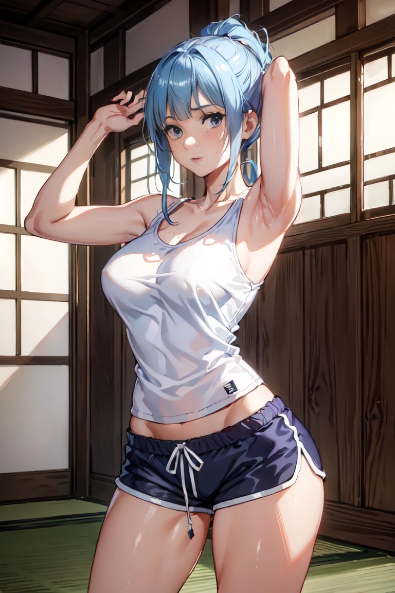 (extremely detailed CG unity 8k wallpaper),(masterpiece),(best quality),(ultra-detailed),(best illustration),(best shadow),(absurdres),  Kasumi, 1girl, solo, blue hair, long hair, blue eyes, holding, bangs, blunt bangs, indoors, upper body, straight hair, tanktop, sleeveless, collarbone, bare shoulder, Standing in bedroom , large breasts, Extremely wide hips, thick thighs, facing camera, looking at viewer, (wide hips), beautiful japanese garden background, dolfine shorts, dshorts, lips seperated, cleavege, athletic shorts, Extremely tight shorts,booth shorts, perfect face, kasumi miwa, miwa, handsome on head, arms up, sweating ,hot, ponytail,36 year old mature woman