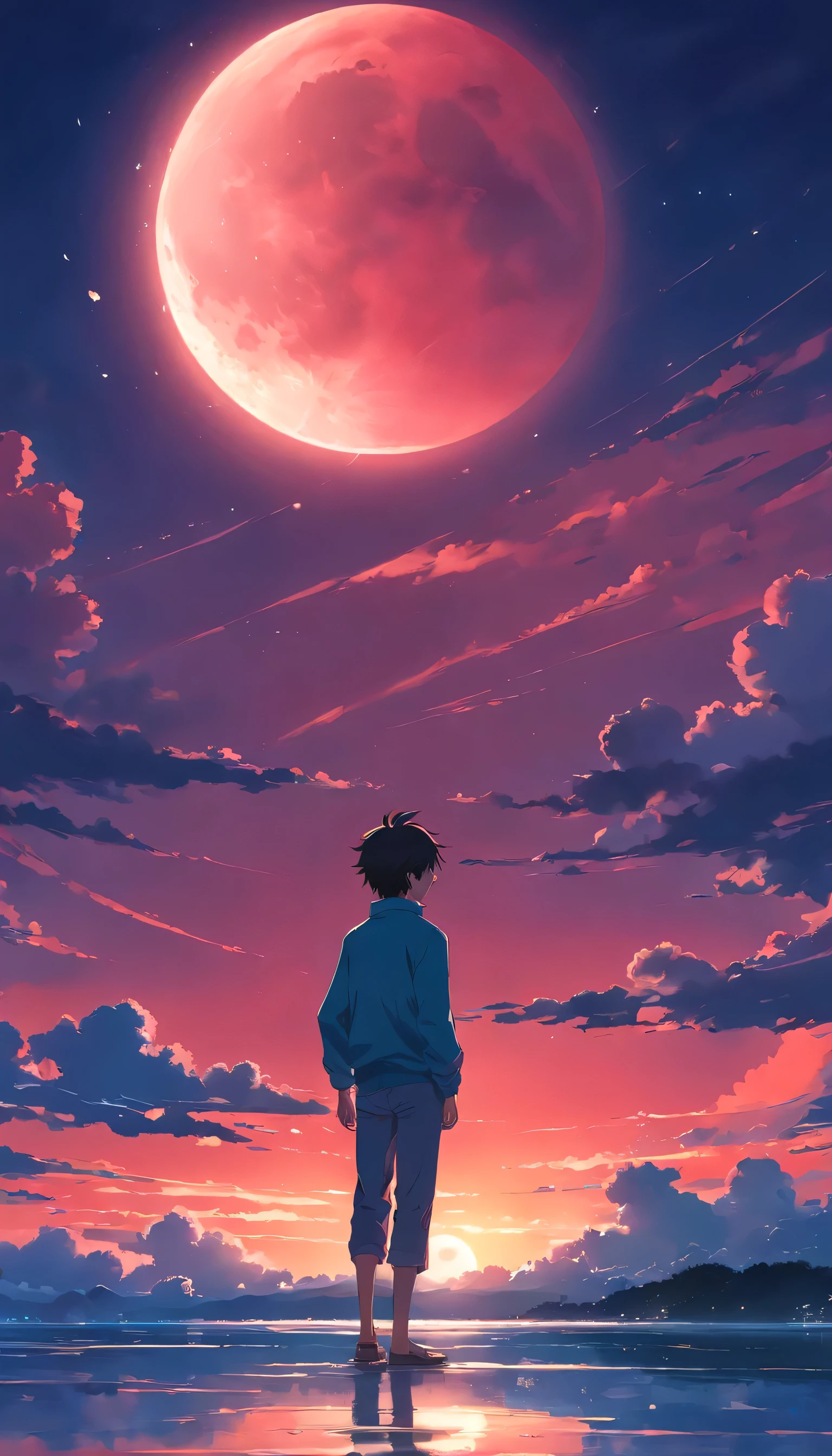 Under the deep red sky, Handsome man、I gazed silently at the distorted and terrifying moon floating in the sky.