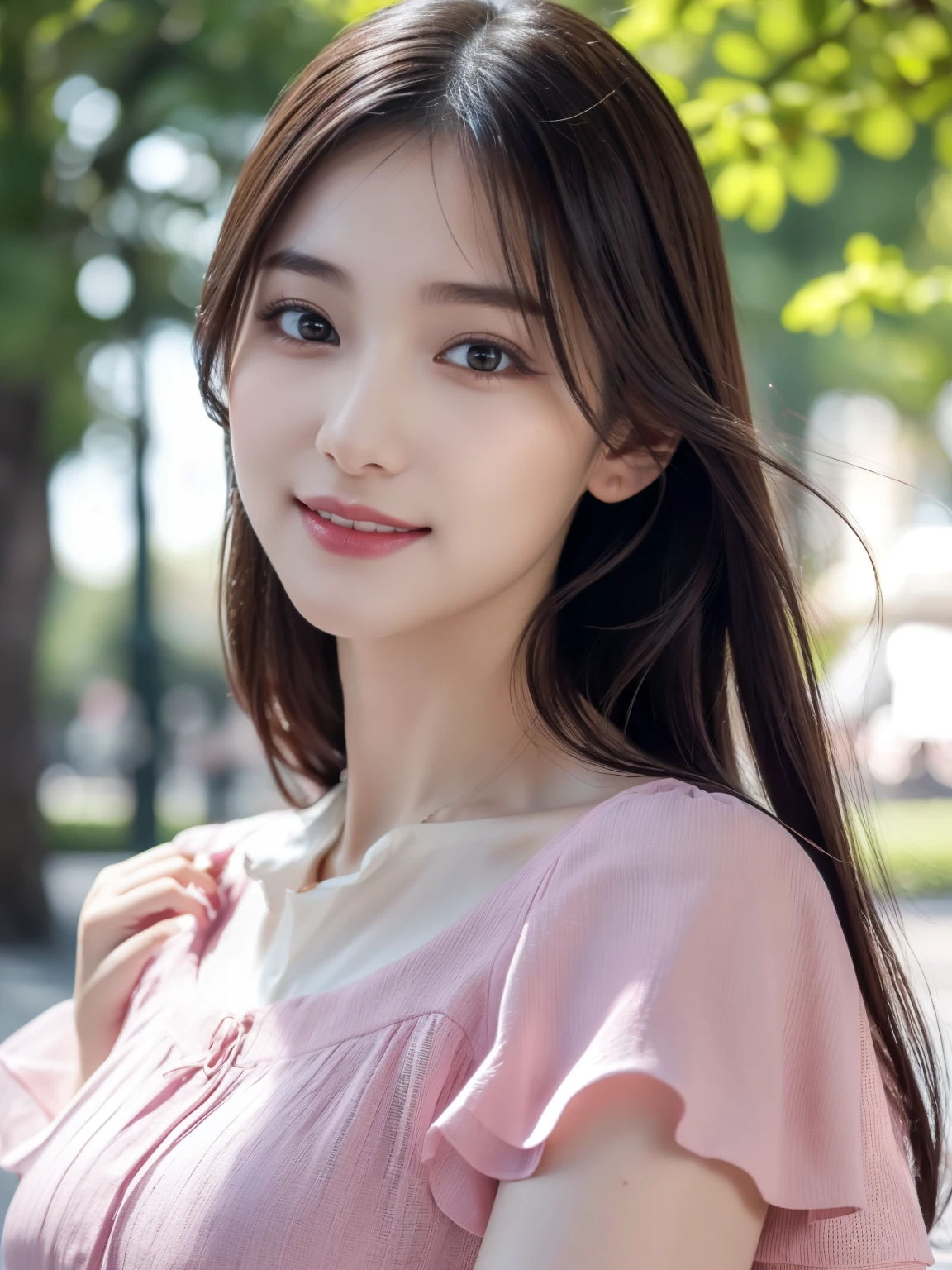 1 girl,(Wearing a deep pink short-sleeved blouse:1.2),(RAW Photos, highest quality), (Realistic, Realistic:1.4), Tabletop, Very delicate and beautiful, Very detailed, 2k wallpaper, wonderful, In detail, Very detailedなCGユニティ8K壁紙, Very detailed, High resolution, Soft Light, Beautiful detailed girl, Very detailed目と顔, Beautiful and sophisticated nose, Beautiful and beautiful eyes, Dark pink lipstick, Cinema Lighting, Spring Green Park, Perfect Anatomy, Slender body, smile, Long Straight Hair, (Randomly oriented bodies), face looking at the camera,