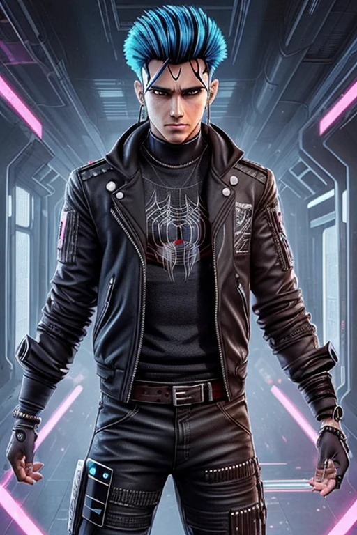 Um garoto cyberpunk lindo que tem o cabelo preto, corte de cabelo mullet com as laterais raspadas. He is a cybermonster and has 8 eyes, a fusion of boy and spider. 