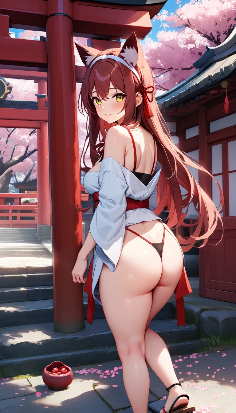 masterpiece，best quality，outdoor，Red Torii，Tree，stairs，Shrine Girl，look back，Red ribbon，Long hair，Cherry blossoms，Sky，Hair band，Headband，Cat ears，petal，Clogs sandals，White Kimono，Yellow eyes，Japanese Thong, 