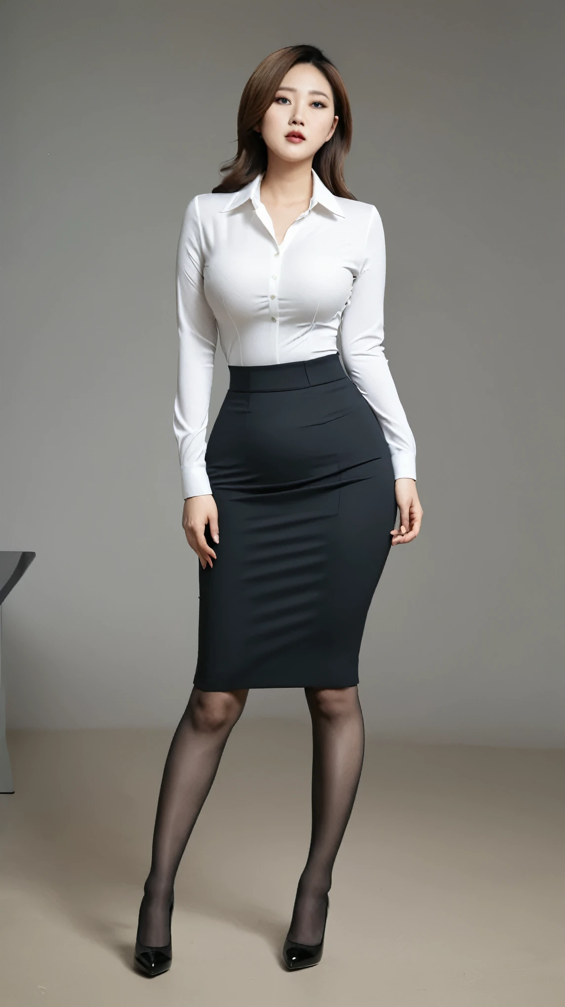 Photorealistic, perfect body proportions, Korean woman, busty, hourglass figure, wide hips,thicc legs, office lady outfit, white tight shirt, black pencil skirt, black pantyhose, black heels, office