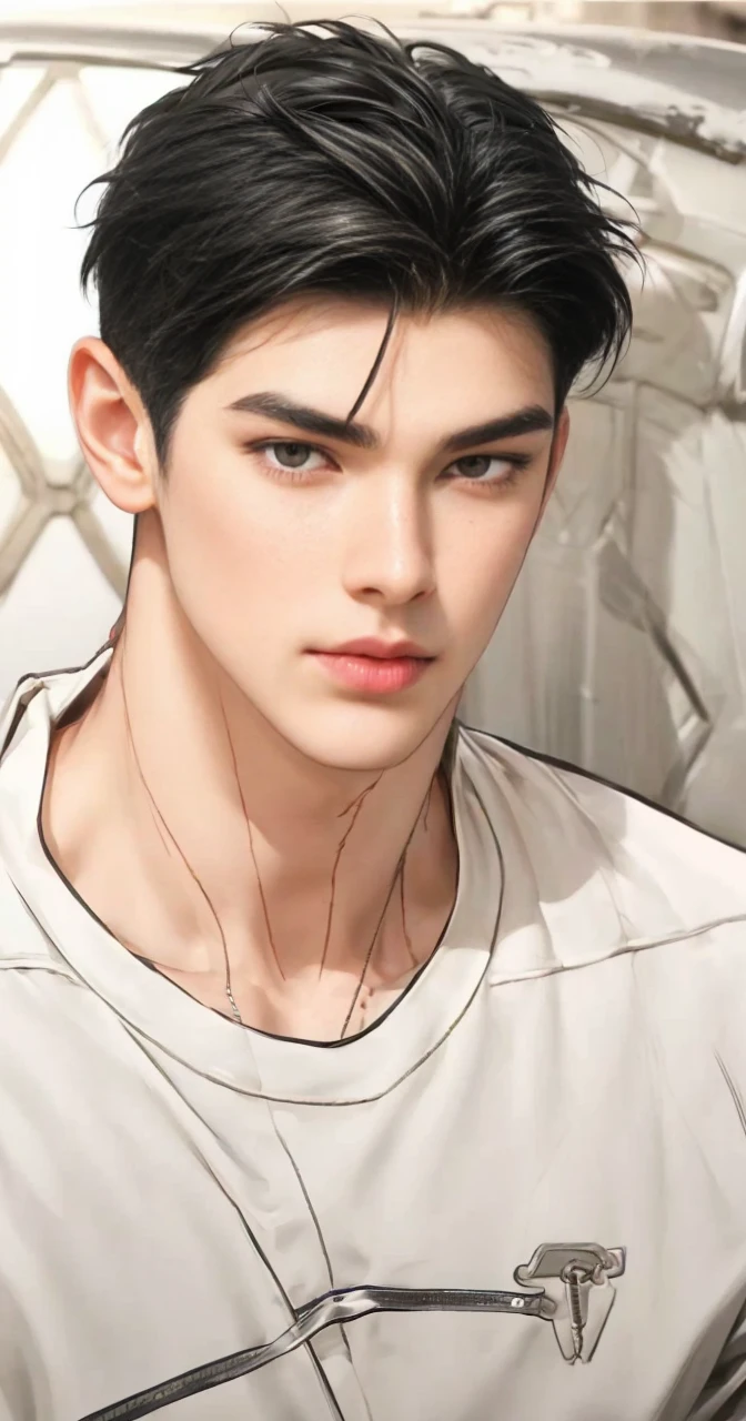 masterpiece, 1boy, young, handsome, black hair, undercut hair, perfect face, detailed eyes and face,black eyes, clean shaved, muscular, capturing a rural atmosphere, dynamic lighting, unreal engine 5