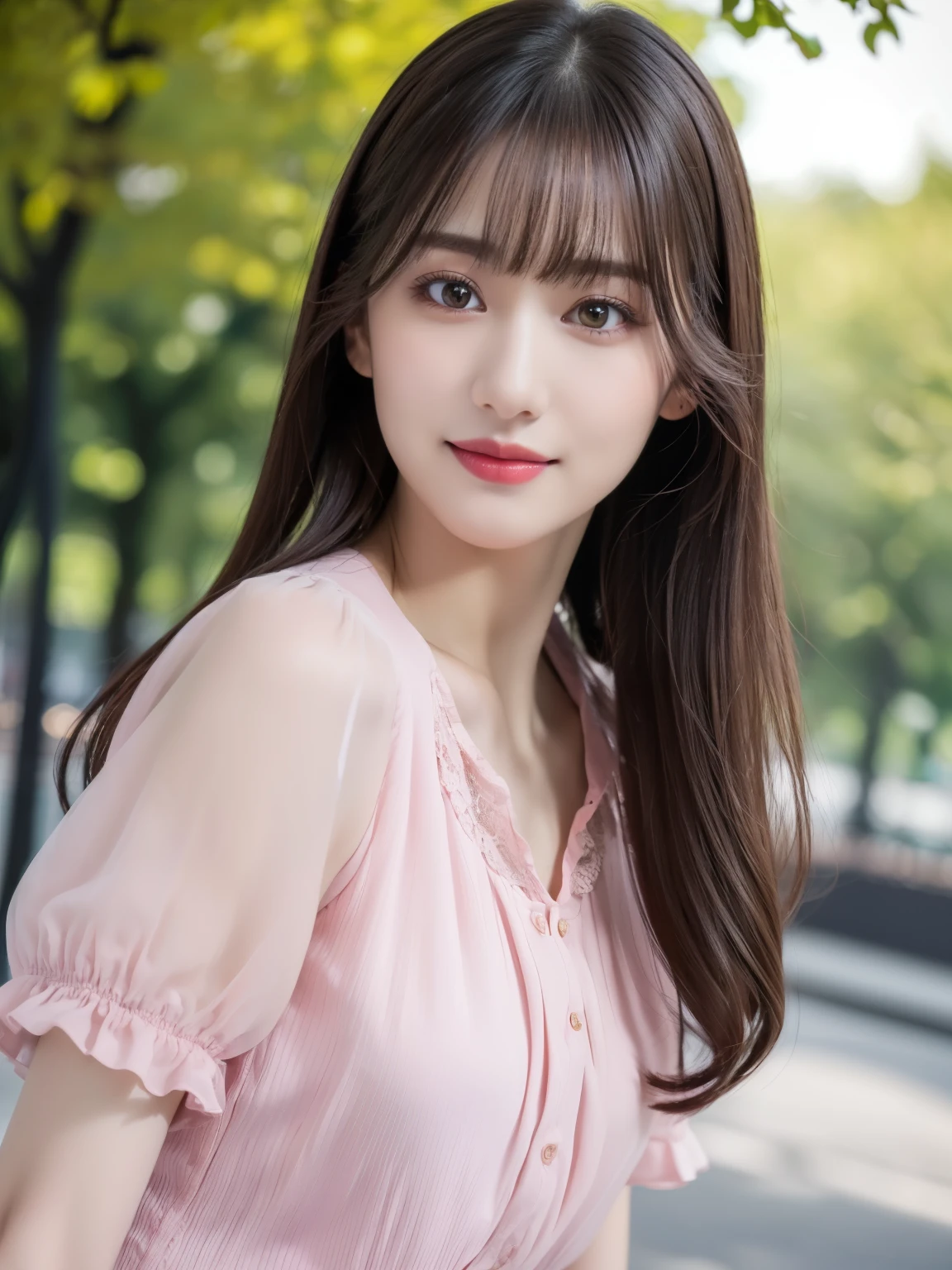 1 girl,(Wearing a deep pink short-sleeved blouse:1.2),(RAW Photos, highest quality), (Realistic, Realistic:1.4), Tabletop, Very delicate and beautiful, Very detailed, 2k wallpaper, wonderful, In detail, Very detailedなCGユニティ8K壁紙, Very detailed, High resolution, Soft Light, Beautiful detailed girl, Very detailed目と顔, Beautiful and sophisticated nose, Beautiful and beautiful eyes, Dark pink lipstick, Cinema Lighting, Spring Green Park, Perfect Anatomy, Slender body, smile, Long Straight Hair, (Randomly oriented bodies), face looking at the camera,