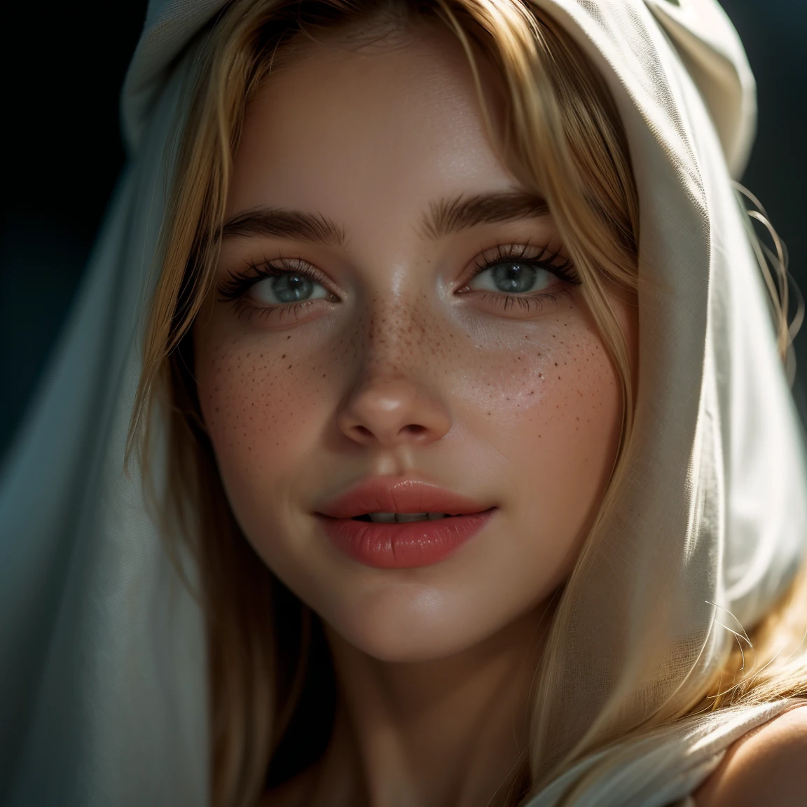Imagem fotorrealista ultrarrealista de rosto inteiro de uma deusa com um rosto lindo e olhos azuis profundos que cativam qualquer pessoa que as encontre. Seu cabelo loiro ondulado cai graciosamente sobre os ombros, framing your face with elegance. Full, luscious lips paint a smile. Your face is adorned with one or more blemishes, adding a touch of mystery and charm. Light freckles add a playful and natural look to your appearance, conferindo-lhe uma aura de frescura. Your beauty is a harmonious mix of unique and captivating features, tornando-a irresistivelmente atraente.