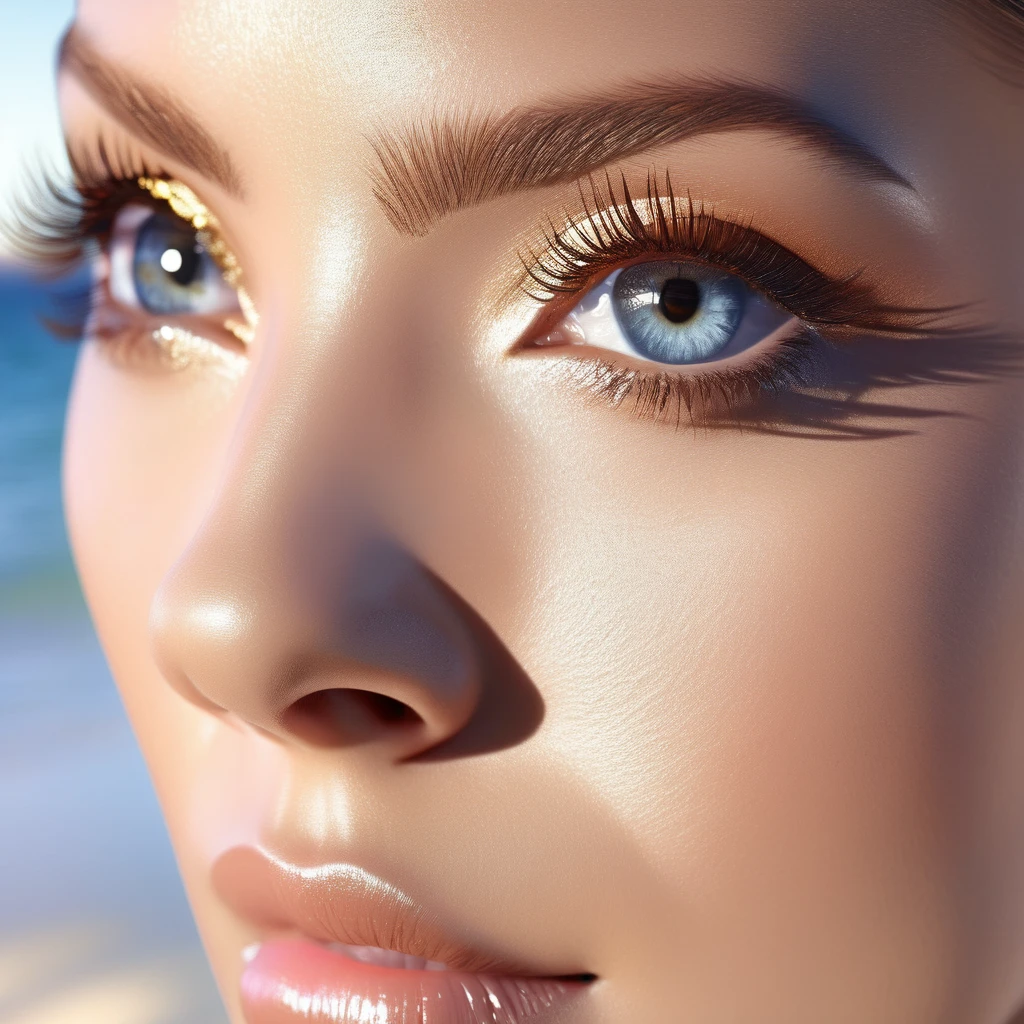 a lovely woman, close-up of face, beautiful detailed eyes, beautiful detailed lips, extremely detailed eyes and face, long eyelashes, warm spring day, beach, ocean, blue sky, sunlight, golden hour, dreamy, romantic, soft lighting, cinematic, elegant, graceful, tender, affectionate, (best quality,4k,8k,highres,masterpiece:1.2),ultra-detailed,(realistic,photorealistic,photo-realistic:1.37),natural lighting,highly detailed face,intricate details,glowing skin