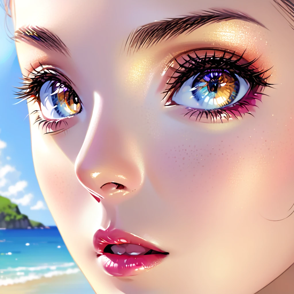 a lovely woman, close-up of face, beautiful detailed eyes, beautiful detailed lips, extremely detailed eyes and face, long eyelashes, warm spring day, beach, ocean, blue sky, sunlight, golden hour, dreamy, romantic, soft lighting, cinematic, elegant, graceful, tender, affectionate, (best quality,4k,8k,highres,masterpiece:1.2),ultra-detailed,(realistic,photorealistic,photo-realistic:1.37),natural lighting,highly detailed face,intricate details,glowing skin
