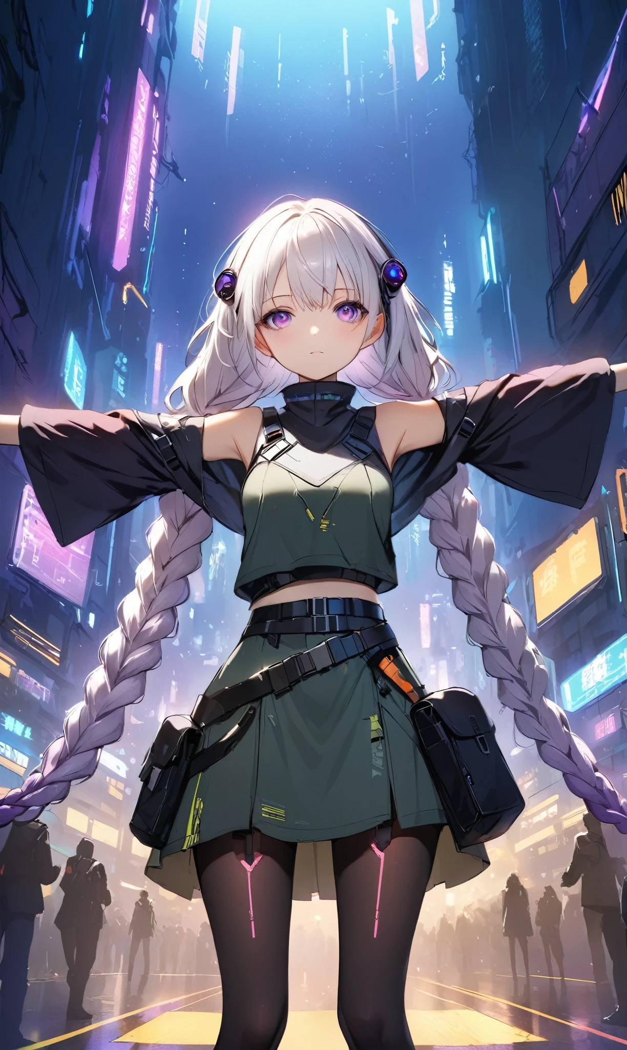  (Cyberpunk), Cyberpunk (series), 1 Girl, Raise your arms, 2 long braids, belt, Tights, Separate sleeves, Purple Eyes,  Keep, Keep arms, looking at the audience, night, night Sky, pouch, Sky, Solitary, arms, white hair, 