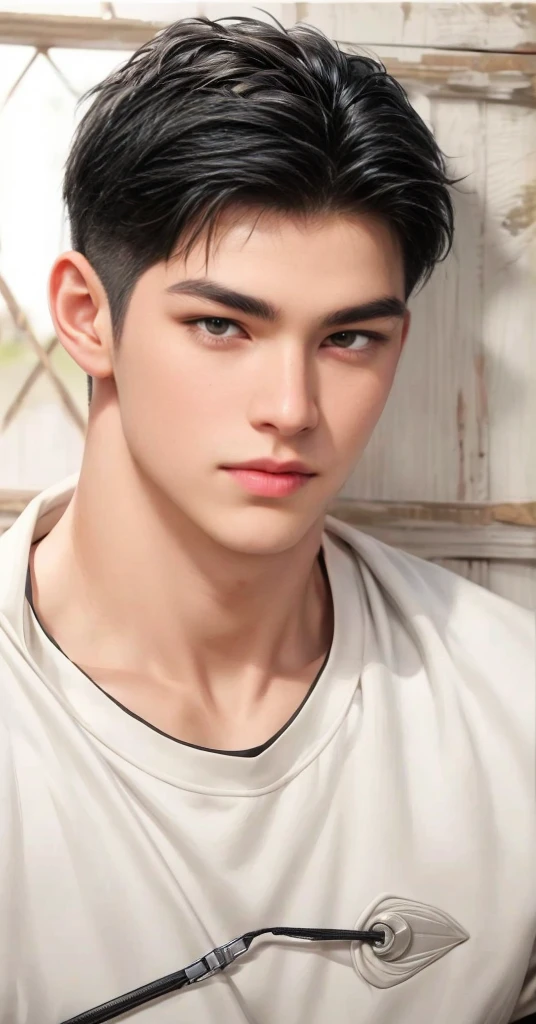 masterpiece, 1boy, young, handsome, black hair, undercut hair, perfect face, detailed eyes and face,black eyes, clean shaved, muscular, capturing a rural atmosphere, dynamic lighting, unreal engine 5