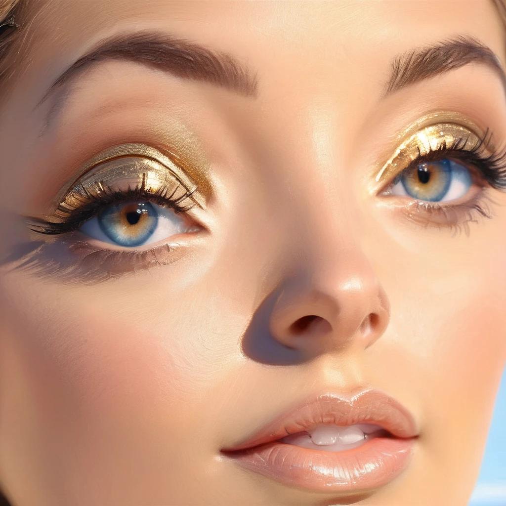 a lovely woman, close-up of face, beautiful detailed eyes, beautiful detailed lips, extremely detailed eyes and face, long eyelashes, warm spring day, beach, ocean, blue sky, sunlight, golden hour, dreamy, romantic, soft lighting, cinematic, elegant, graceful, tender, affectionate, (best quality,4k,8k,highres,masterpiece:1.2),ultra-detailed,(realistic,photorealistic,photo-realistic:1.37),natural lighting,highly detailed face,intricate details,glowing skin