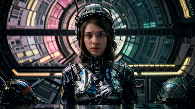 there is a painting of a woman with a helmet on, stephen hickman, synthwave art style ]!!, cinemascope panorama, atompunk, epically luminous image, pioneering aesthetic, spelljammer, futuristic france, juan gimenez, trending on artstaion, by Julian Allen, 7 0 s palette, maximalism. stunning, from a 2 0 1 9 sci fi 8 k movie  