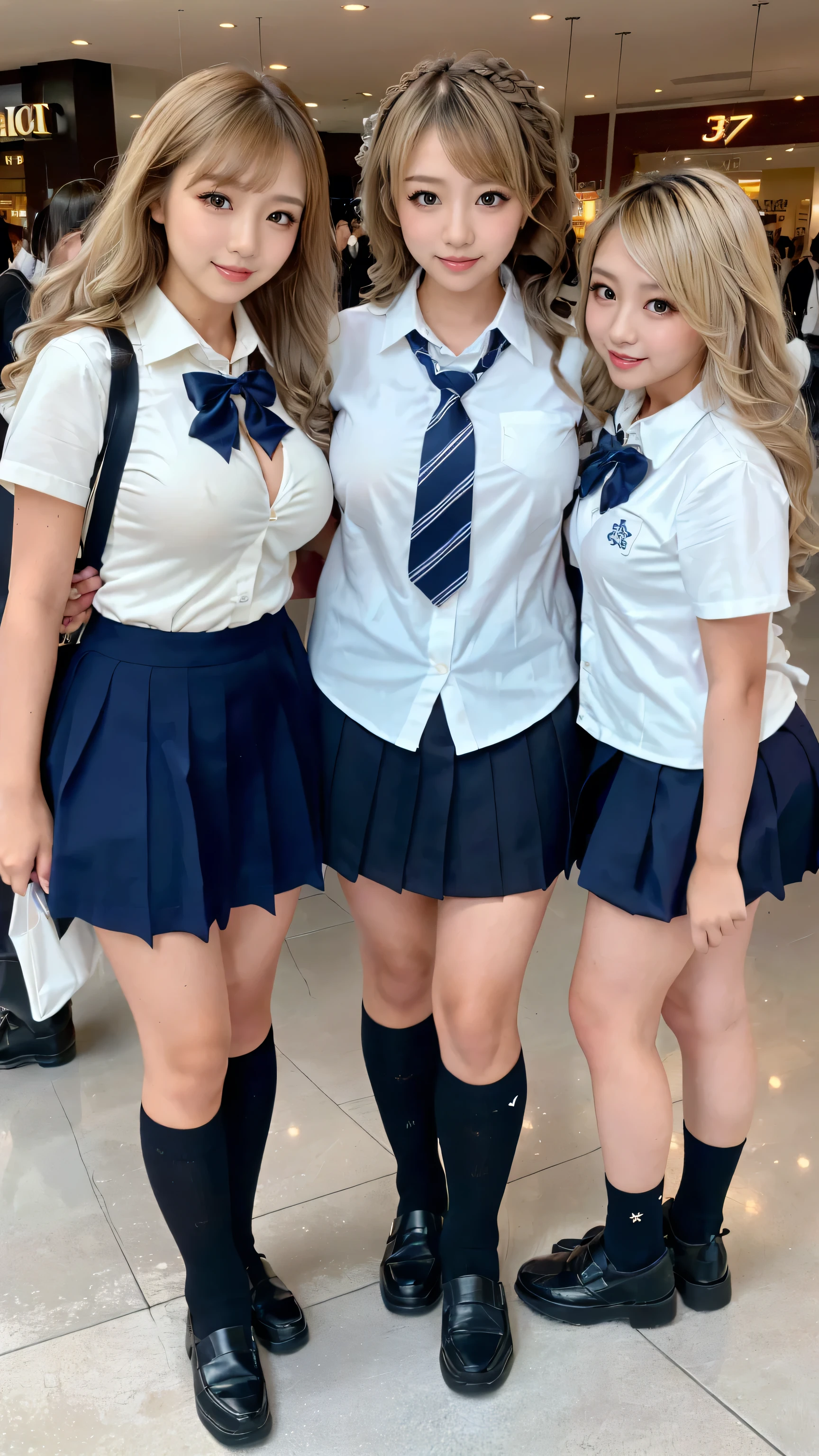 (scene; (3 people:1.8)), Gal, (Tall high school girl 3 people), (Shopping mall, Shopping Street, street, Outdoor), (Look at me Are you standing, Full body portrait, Photograph the whole body, Full-body image, Are standing, With legs spread, Doing sexy poses), (Thin thighs, Long, slender limbs, Small waist), ((Highly detailed skin), Beautiful realistic face, White skin, Pointed Chest, Perfect Anatomy, Realistic eyes, Natural Eyes, Brown Eyes, Accurate eye focus, Accurate limbs), (Hyper Realist, Ultra-realistic, 4k, Attention to detail, Ultra-high resolution, highest quality, masterpiece, Presence, dynamic, Uplifting, bold, Sharpness), (Huge breasts:1.5), (Cleavage:1.5), (Blonde long hair:1.5), (Wavy long hair:1.5), (Curly Hair:1.5), (sleek bangs), (Twin tail hair), (White collared shirt, Pleated mini skirt, Navy colored socks, Black loafers, Ribbon tie),  in uniform, Surreal school girl, tall,  in uniform, smile, Emphasis on cleavage, (Are standing cute schoolgirls 3 people:1.8), Nikon, Canon,