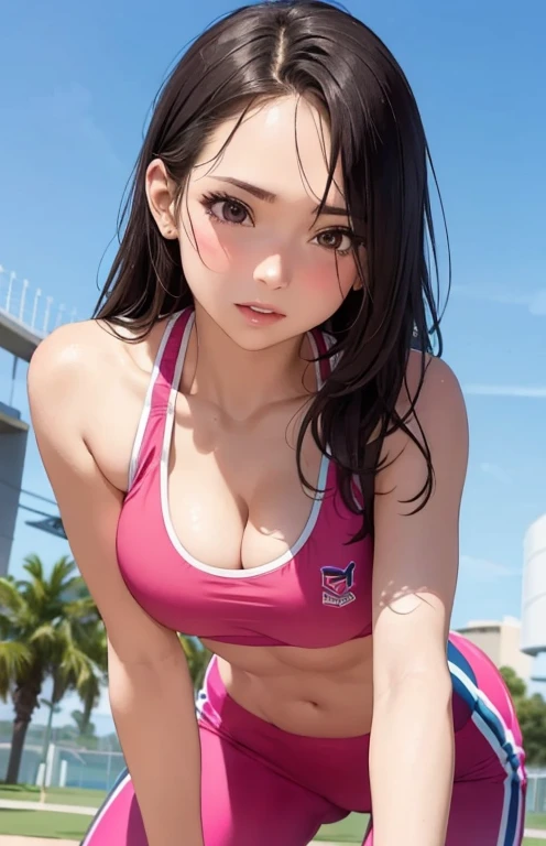 girl in summer clothes, sports bra, colorfull leggins, making as if she wants to kiss you, (girl bending down looking at camera), medium , cleavagm background, flirtatious look, ((very detailed)), (perfectly detailed face), (well detailed hand) photorealistic image. Cheerleaders uniform, cheer cloths, high school cheer