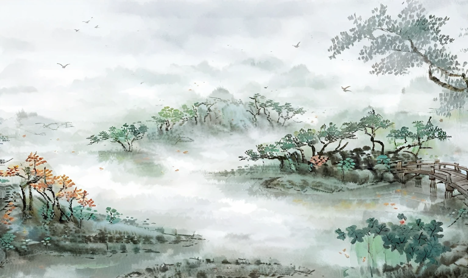 这是Ink landscape painting,((Ink landscape painting)),Fan Zeng风格,Fan Zeng,South City Park,A bridge across a small pond, ((Thick fog)),There is fog on the surface of the water ((Thick fog)),Wonderland sense ,Like a fairyland, Chinese painting style, Chinese watercolor style, Landscape Art Detail, Chinese style景, Chinese style, nature painting, Chinese Art Style, Classical landscape painting, Landscape Art, Chinese Artists, ,Thick fog,mist,International Award-winning Works,Rice paper,Graininess,