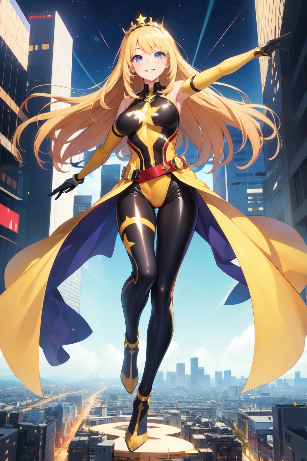 1 girl, full body, 19 years old, white skin, smiling face, masked face, blushing, blonde hair, straight hair, long hair, bangs, full body, superhero mask, yellow mask, hands with stars, blue bracelets, purple gloves, superhero costume, superheroes, full body suit, yellow, with a large yellow star in the center, star emblem, something tight, star-shaped tiara, blue eyes, medium breasts, slim body, outstretched arms, arms behind the waist, flying, city background, anime