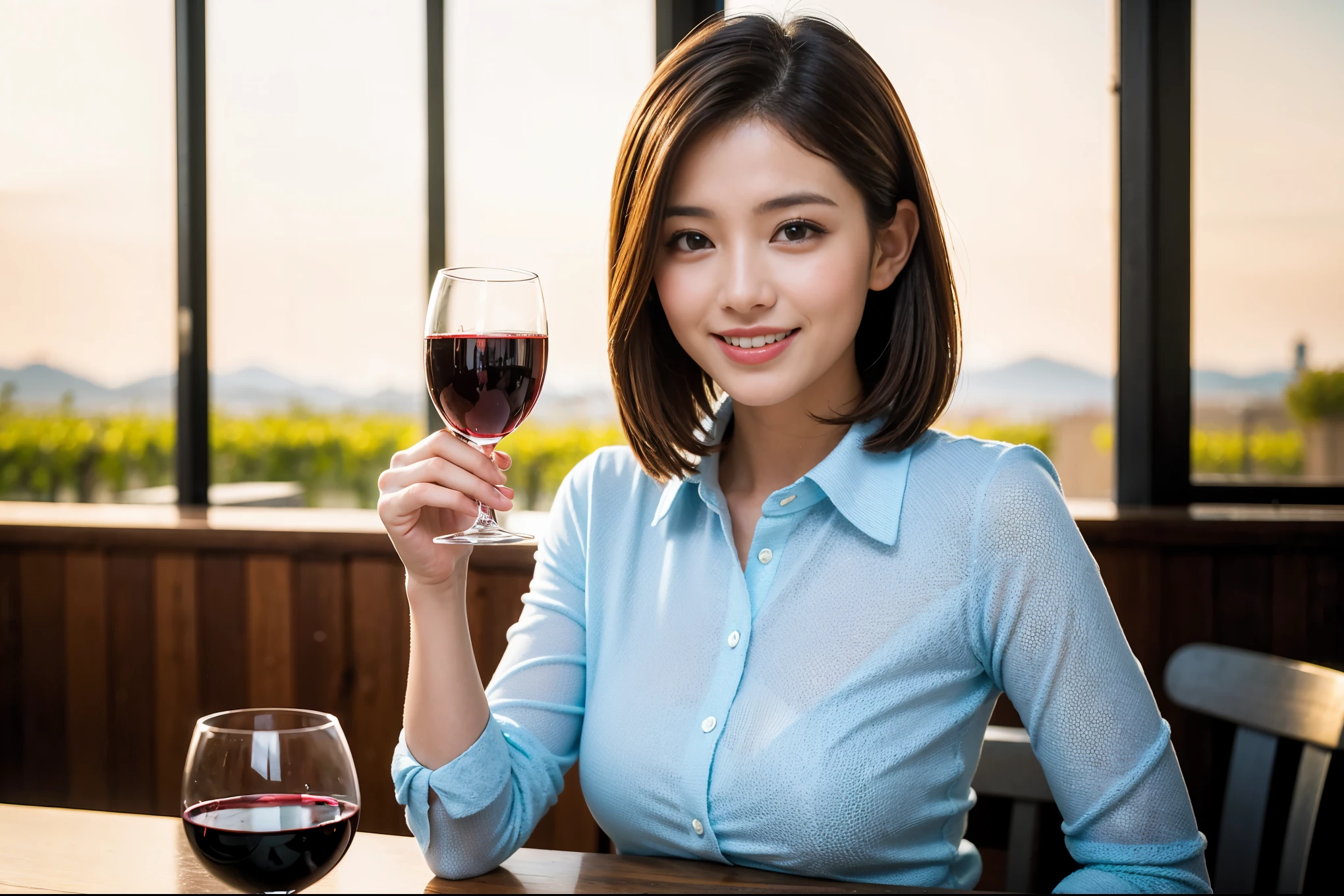 ((highest quality、8k、masterpiece:1.3))、1 male、1 woman who resembles Satomi Ishihara、Couple、Spouse、Couple、The body is slim、((Bob Hale、Straight hair:1.2)), (Realistic, Intricate details:1.2), テーブルの上のwine glass、Shine light on your face、 Amazing view of the sunset sky and clouds、Amazing mountain views、A bright smile、The wonderfulness of smile、Bright image、The beauty of wine, Beautiful Face, blue eyes, The light shines on your face, Blushing, short hair,Bright Face、 (36 years old), 39 years old, red wine 、Appetizers、Italian food、Wine bottle、Champagne、sparkling wine、Two beauties、Brown Hair、Shortcuts、Long sleeve shirt、dress、Pretty Woman 1, (slimな顔), (The body is slim), (Brown Hair), (Shortcuts), cheeks turn a little red,Attractive beauty、restaurant, In a prominent place (From the waist up) Nova Frog Style, actress, model, Upper Body, White wine, slim, wine glass, 中央に置かれたwine glass, smile, (smile: 1.15), Beautiful fine grain, Depth f/2,saturation, High Contrast, Strong light and shadow,Moist Body:1.5、3D texture、Delicate eyes、Brown Hair、The hair is very shiny、