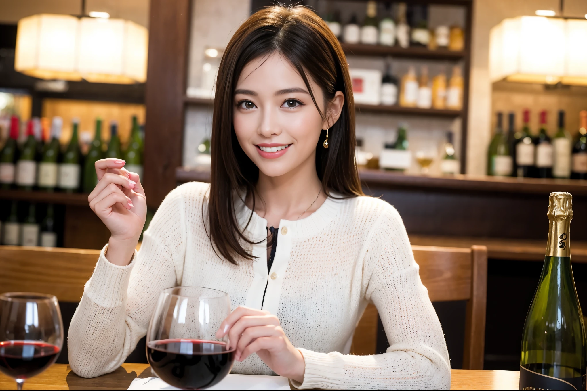 ((highest quality、8k、masterpiece:1.3))、1 male、1 woman who resembles Satomi Ishihara、Couple、Spouse、Couple、The body is slim、((Bob Hale、Straight hair:1.2)), (Realistic, Intricate details:1.2), テーブルの上のwine glass、Shine light on your face、 Amazing view of the sunset sky and clouds、Amazing mountain views、A bright smile、The wonderfulness of smile、Bright image、The beauty of wine, Beautiful Face, blue eyes, The light shines on your face, Blushing, short hair,Bright Face、 (36 years old), 39 years old, red wine 、Appetizers、Italian food、Wine bottle、Champagne、sparkling wine、Two beauties、Brown Hair、Shortcuts、Long sleeve shirt、dress、Pretty Woman 1, (slimな顔), (The body is slim), (Brown Hair), (Shortcuts), cheeks turn a little red,Attractive beauty、restaurant, In a prominent place (From the waist up) Nova Frog Style, actress, model, Upper Body, White wine, slim, wine glass, 中央に置かれたwine glass, smile, (smile: 1.15), Beautiful fine grain, Depth f/2,saturation, High Contrast, Strong light and shadow,Moist Body:1.5、3D texture、Delicate eyes、Brown Hair、The hair is very shiny、