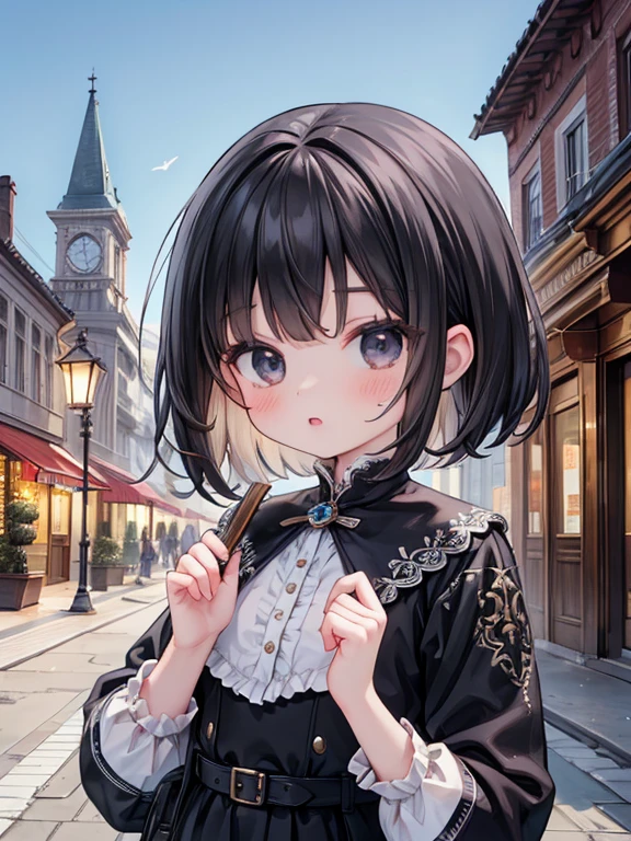 masterpiece, highest quality, Very detailed, 16k, Ultra-high resolution, Cowboy Shot, Detailed face, Perfect Fingers, 6 year old female,  Black eyes, Black Hair, short hair, Luxurious Western-style building