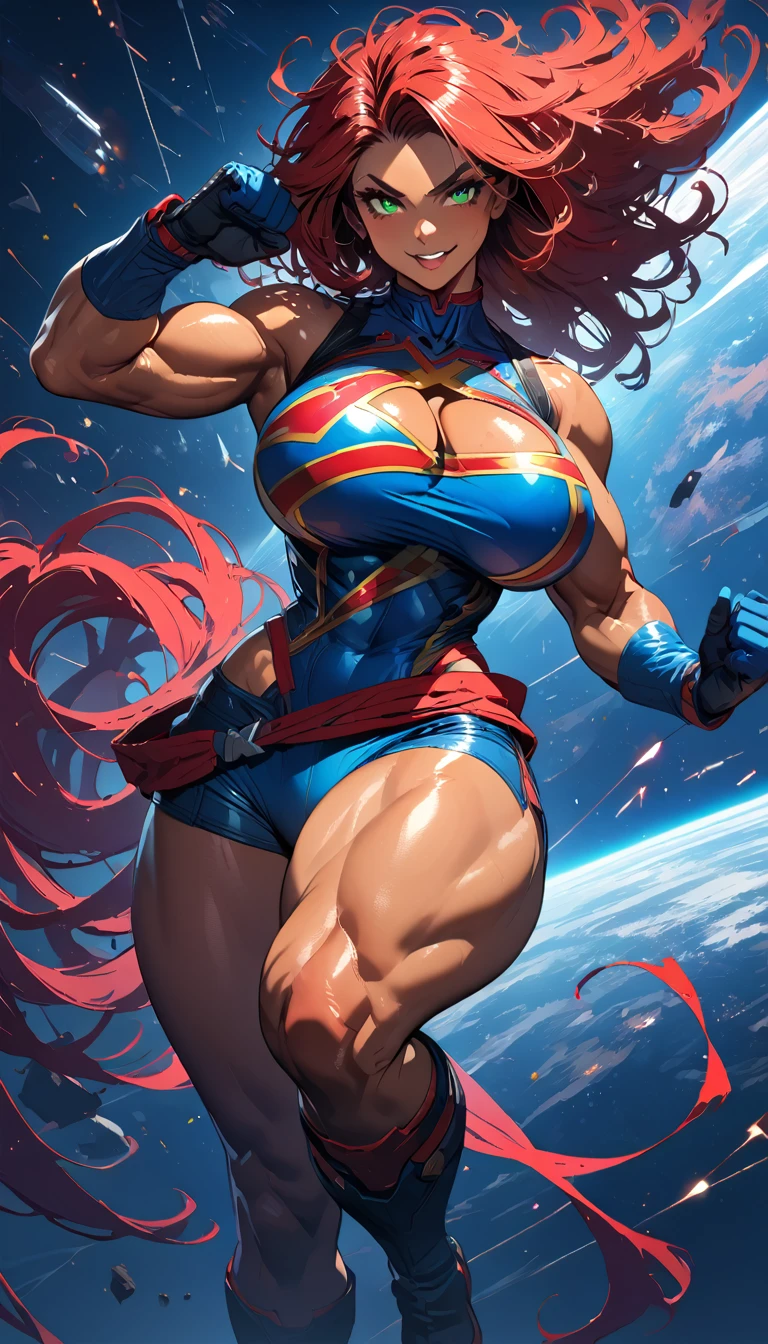 8k_wallpaper, extremely detailed eyes, extremely detailed body, (large masterpiece digital art), (detailed manga illustration), (detailed line art), ((perfect anatomy)), (intricate details:1.3), (ultra-detailed:1.3), (illustration:1.3), (sharp focus:1.3), (natural lighting:1.05), (vivid colors:1.3), (masterpiece), (best quality:1.4), (perfect anatomy:1.4), high quality, expressive eyes, full body, detailed face, beautiful face, perfect face, 1 girl, breasts, cleavage, gloves, huge breasts, cyberpunk clothes, jacket, black jacket, very long hair, thigh length hair, ({dark skin}), dark-skinned female ,detailed ((red hair)), messy hair, green eyes, hourglass physique, bodysuit, ultramarine bodysuit, sleeveless, shorts, thick thighs, toned, captain marvel emblem, emblem, superhero, dynamic lighting. dynamic heroic pose, smiling, outer space background, curvy,