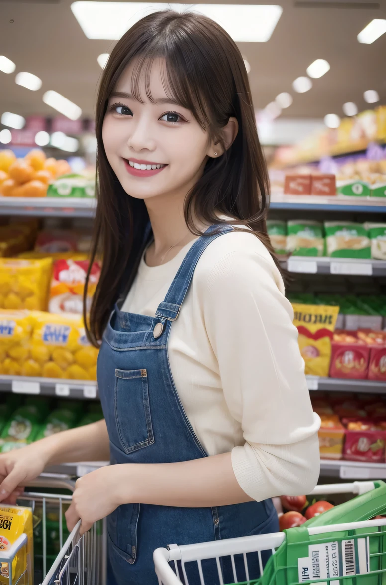 a beautiful girl is laughing at a supermarket, look at viewer, (highest quality, 8k, High resolution, masterpiece:1.2), (Beautiful and detailed eyes), natural light and color, Wide range of lighting Natural Shading