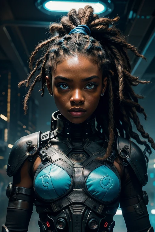 A stunning woman in a post-apocalyptic cyberpunk setting. Your ebony skin glows under the neon light, Blue cybernetic eyes stand out from a chiseled face with strong features. Cabelos em dreadlocks adornados com LEDs piscantes. Ela veste um traje futurista preto e prata, with circuits and metallic armatures, adjusted to the athletic body, She's on a futuristic street, surrounded by crumbling skyscrapers, faded holographic signs, colorful neons and sparks from electrical wires. Metallic plates and urban debris punctuate the scene. The sky in shades of artificial purple and blue contrasts with the deep shadows of the streets.