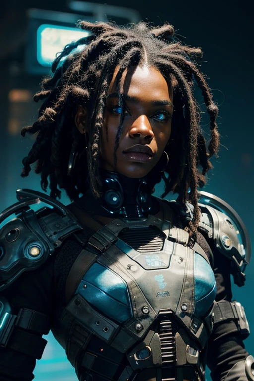 A stunning woman in a post-apocalyptic cyberpunk setting. Your ebony skin glows under the neon light, Blue cybernetic eyes stand out from a chiseled face with strong features. Cabelos em dreadlocks adornados com LEDs piscantes. Ela veste um traje futurista preto e prata, with circuits and metallic armatures, adjusted to the athletic body, She's on a futuristic street, surrounded by crumbling skyscrapers, faded holographic signs, colorful neons and sparks from electrical wires. Metallic plates and urban debris punctuate the scene. The sky in shades of artificial purple and blue contrasts with the deep shadows of the streets.