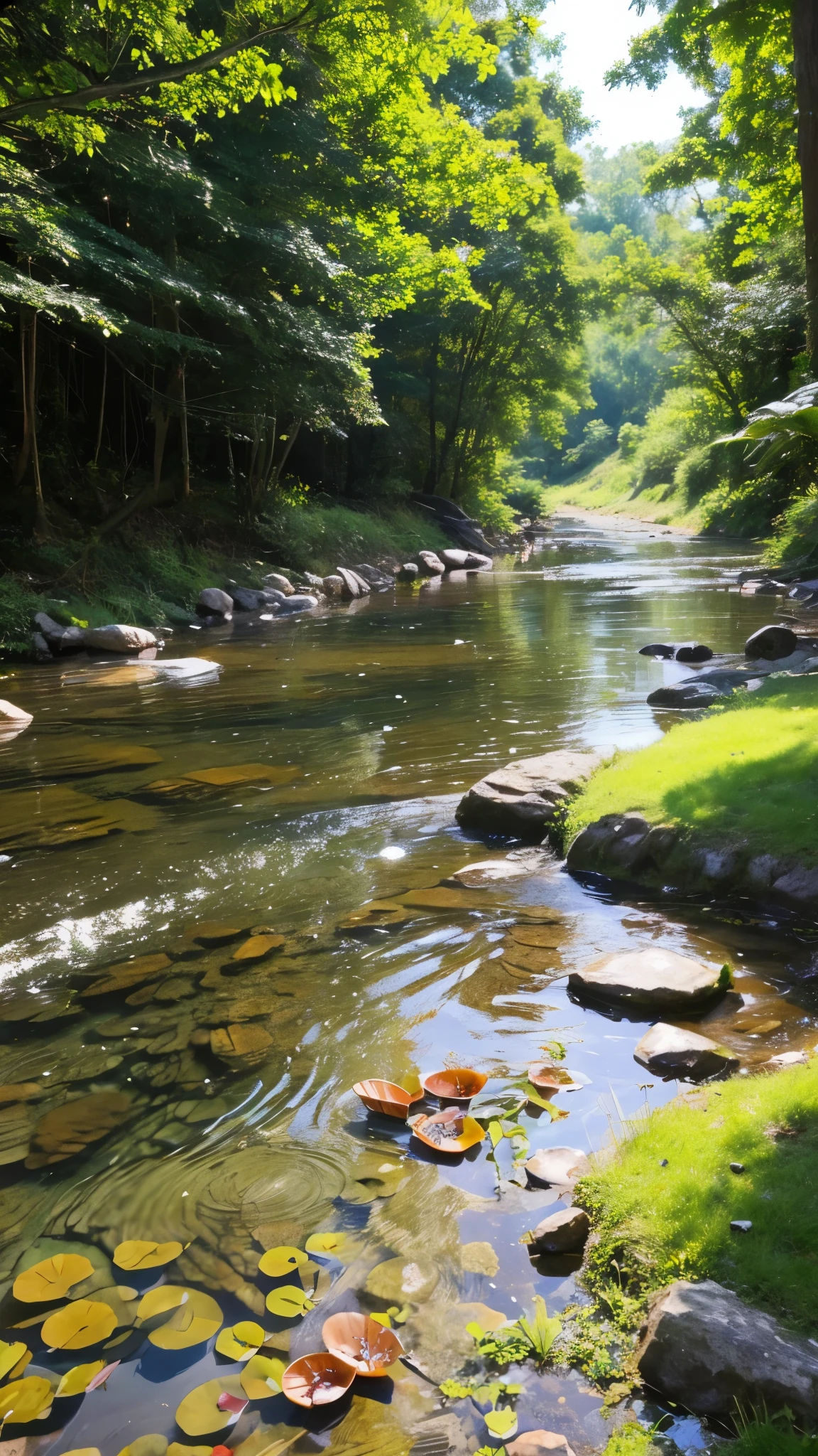 There is a painting of a river with lily pads in it - SeaArt AI