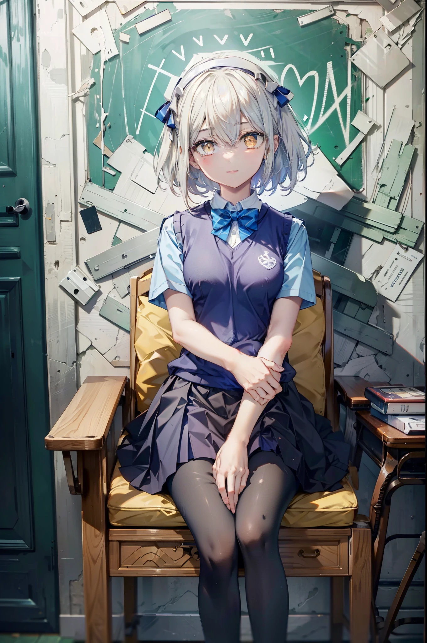 Izvalenstein, Eyes Wallenstein, Blonde Hair, Hair between the eyes, White hair band, Long Hair, (Yellow Eyes:1.5), Side Lock,smile,blush,, break skirt, shirt, bow, ribbon, , white shirt, Short sleeve, Pleated skirt, collared shirt, mini skirt, bowtie, 黒いloafers , Black Skirt, Black pantyhose, loafers, green bow, Sweater vest, (blue Sweater vest:1.5),sitting cross-legged on a chair,There is a sandwich on the table,Daytime,Clear skies,
break looking at viewer,whole body,
break indoors, classroom,
break (masterpiece:1.2), highest quality, High resolution, unity 8k wallpaper, (shape:0.8), (Beautiful and beautiful eyes:1.6), Highly detailed face, Perfect lighting, Extremely detailed CG, (Perfect hands, Perfect Anatomy),