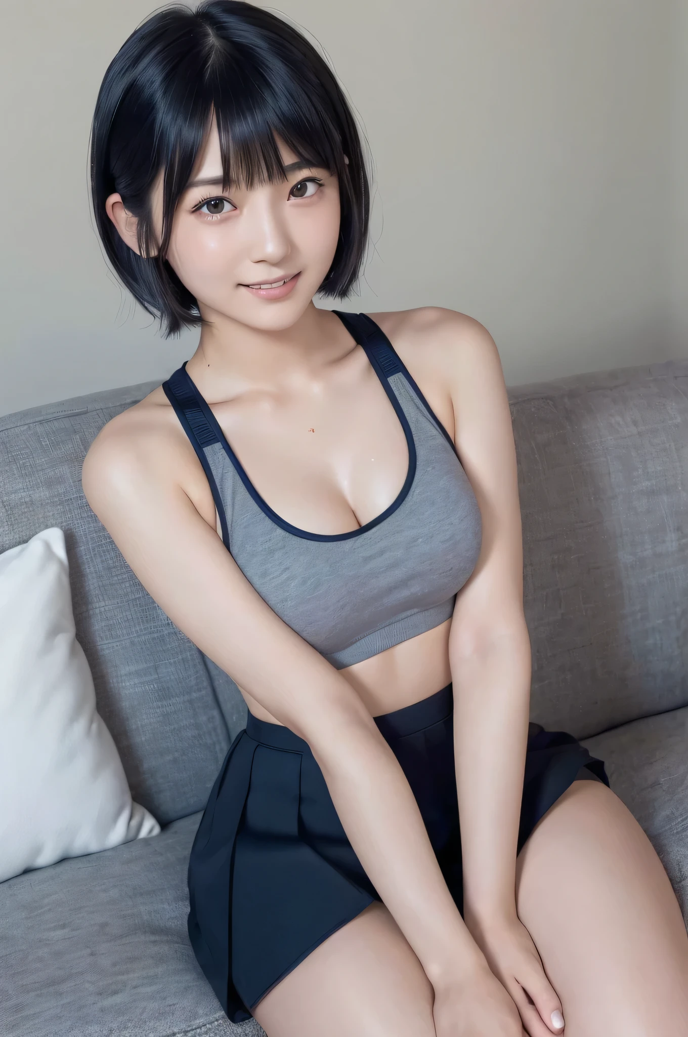 ((highest quality, 8k, Flying debris: 1.3)), beauty, Japanese Girls, whole body, Perfect Anatomy, Black Hair, Blunt bangs, hairpin、short hair、, Face Focus, Detailed face, Highly detailed lips, Fine Eyes, Sweaty skin: 1.2, Sports Bra、  navy skirt、Sitting on the couch、((Frontal camera from below))、smile