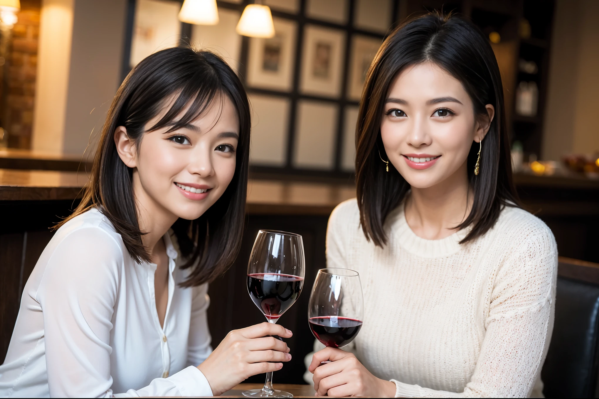 ((highest quality、8k、masterpiece:1.3))、1 male、1 female、石原さとみさん似Couple、Spouse、Couple、The body is slim、((Bob Hale、Straight hair:1.2)), (Realistic, Intricate details:1.2), テーブルの上のwine glass、Shine light on your face、 Amazing view of the sunset sky and clouds、Amazing mountain views、A bright smile、The wonderfulness of smile、Bright image、The beauty of wine, Beautiful Face, blue eyes, The light shines on your face, Blushing, short hair,Bright Face、 (Age 37), 39 years old, red wine 、Appetizers、Italian food、Wine bottle、Champagne、sparkling wine、Two beauties、Brown Hair、Shortcuts、Long sleeve shirt、dress、Pretty Woman 1, (slimな顔), (The body is slim), (Brown Hair), (Shortcuts), cheeks turn a little red,Attractive beauty、restaurant, In a prominent place (From the waist up) Nova Frog Style, actress, model, Upper Body, White wine, slim, wine glass, 中央に置かれたwine glass, smile, (smile: 1.15), Beautiful fine grain, Depth f/2,saturation, High Contrast, Strong light and shadow,Moist Body:1.5、3D texture、Delicate eyes、Brown Hair、The hair is very shiny、