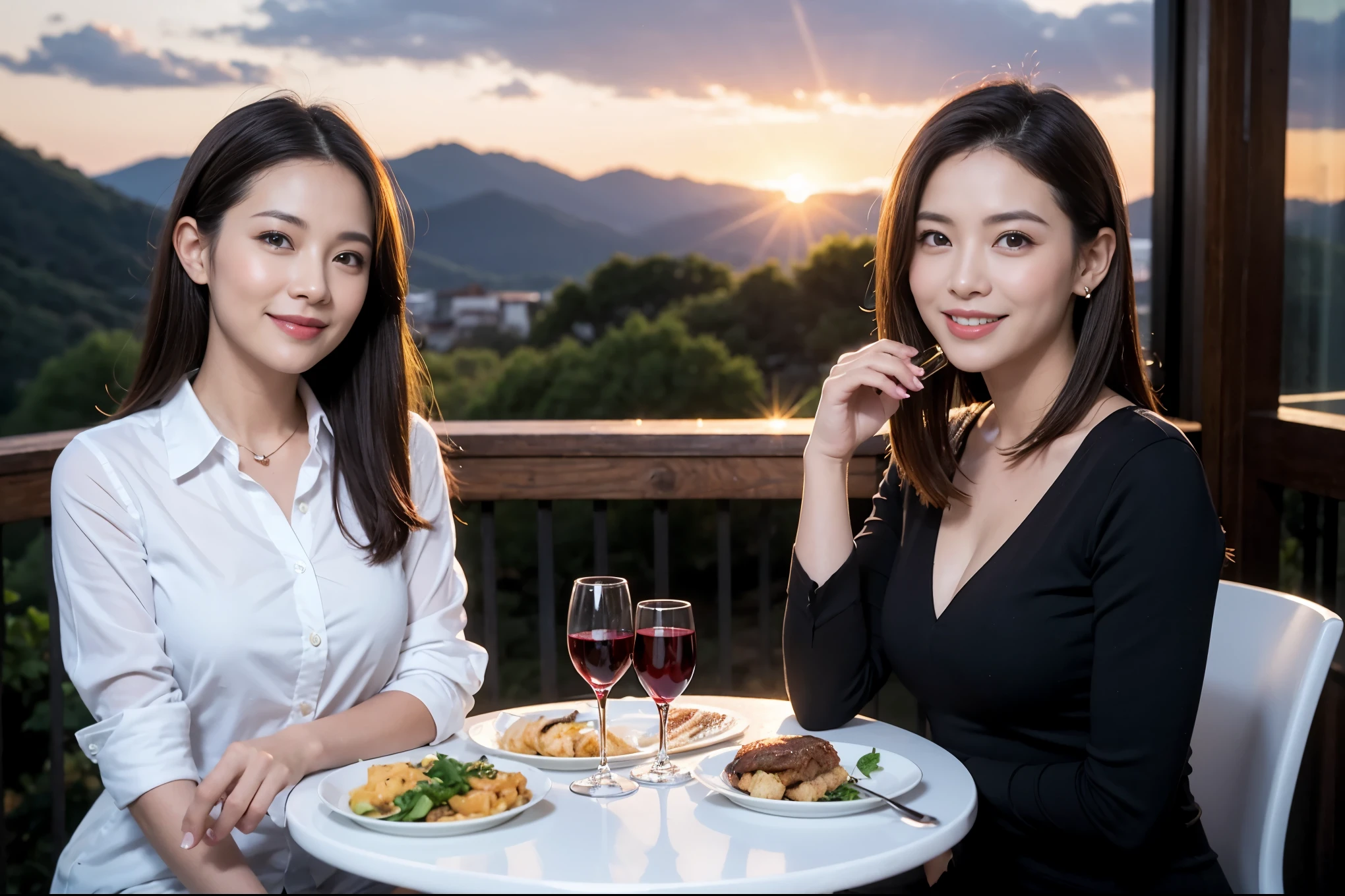 ((highest quality、8k、masterpiece:1.3))、1 male、1 female、石原さとみさん似Couple、Spouse、Couple、The body is slim、((Bob Hale、Straight hair:1.2)), (Realistic, Intricate details:1.2), テーブルの上のwine glass、Shine light on your face、 Amazing view of the sunset sky and clouds、Amazing mountain views、A bright smile、The wonderfulness of smile、Bright image、The beauty of wine, Beautiful Face, blue eyes, The light shines on your face, Blushing, short hair,Bright Face、 (Age 37), 39 years old, red wine 、Appetizers、Italian food、Wine bottle、Champagne、sparkling wine、Two beauties、Brown Hair、Shortcuts、Long sleeve shirt、dress、Pretty Woman 1, (slimな顔), (The body is slim), (Brown Hair), (Shortcuts), cheeks turn a little red,Attractive beauty、restaurant, In a prominent place (From the waist up) Nova Frog Style, actress, model, Upper Body, White wine, slim, wine glass, 中央に置かれたwine glass, smile, (smile: 1.15), Beautiful fine grain, Depth f/2,saturation, High Contrast, Strong light and shadow,Moist Body:1.5、3D texture、Delicate eyes、Brown Hair、The hair is very shiny、