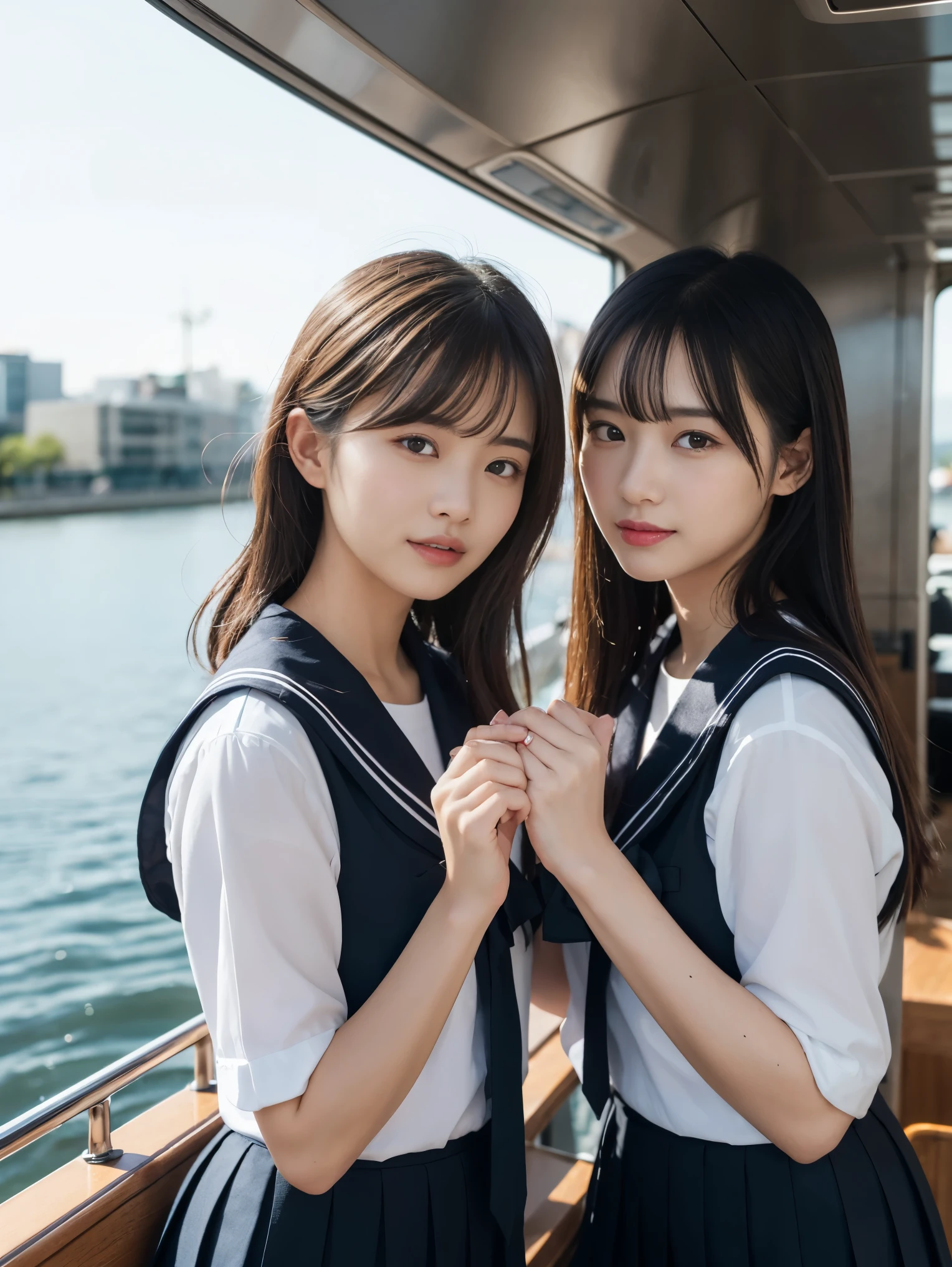 (In 8K、Raw photo、highest quality、masterpiece:1.2)、Ultra-detailed、Ultra-high resolution、(Realistic、real photography:1.47)、（Two women standing close together）Realistic女性、Details that could be mistaken for a human、Very realistic、Hyperrealism j、From above、Camera from the sky、From above見たカメラアングル、I look up and see this、Women holding hands、Hand in hand、High-quality images taken from an aerial camera、Luxurious linen on board、（Very beautiful lighting）Head to waist、White skin、color白の女性の校正、Ultra HD、Beautiful woman proofreading against the light、Incredibly detailed、Highly detailed beautiful girls、Faces with various patterns、Different face patterns、Each hairstyle has its own characteristics、color々Hairstyle、color々きれいな光に輝く髪co like fishing on a boat.、光に輝く茶colorの髪、One of them has a ponytail、、Modern cute 、Highly detailed face、Highly detailed eyes、Very realistic skin、 Highly detailed fingers, Highly detailed nose, Highly detailed mouth, Perfect Anatomy, Very elaborate sailor suit、、The details of the hair and uniform are clearly expressed.、Show me your teeth、Realistic body, White skin, Glowing Skin, The body is slim, Straight long hair, (Blunt bangs:1.2), , nixeu and sakimichan, Tweiss, Seifuku, sakimichan, JK Uniform, Wearing a Japanese uniform, Promotional Steel, Larisa Manovar, Japanese , Japanese Girls , Alena Aenami and Lilia Alvarado
