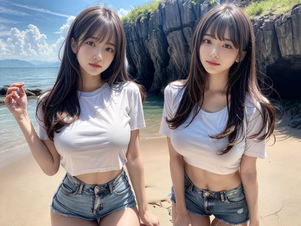 8k,best quality, masterpiece, ultra detailed, ultra high res, photorealistic, raw photo, absurdres, absolutely resolution, 2girl, full body, looking at viewer,a Japanese young pretty woman, hyper cute face, glamorous figure, large breasts,long bob hair,smile, (White T-shirt and denim mini skirt:1.3),Gravure pose by the beautiful seaside ,glossy lips, beautiful detailed eyes,double eyelids in both eyes, natural makeup, shiny smooth light brown long bob hair, asymmetrical bangs, shiny skin, central image, high resolution, high detailing, detailed hairstyle, detailed face, spectacular movie lighting, octane rendering, vibrant, hyper realistic, perfect limbs, perfect anatomy