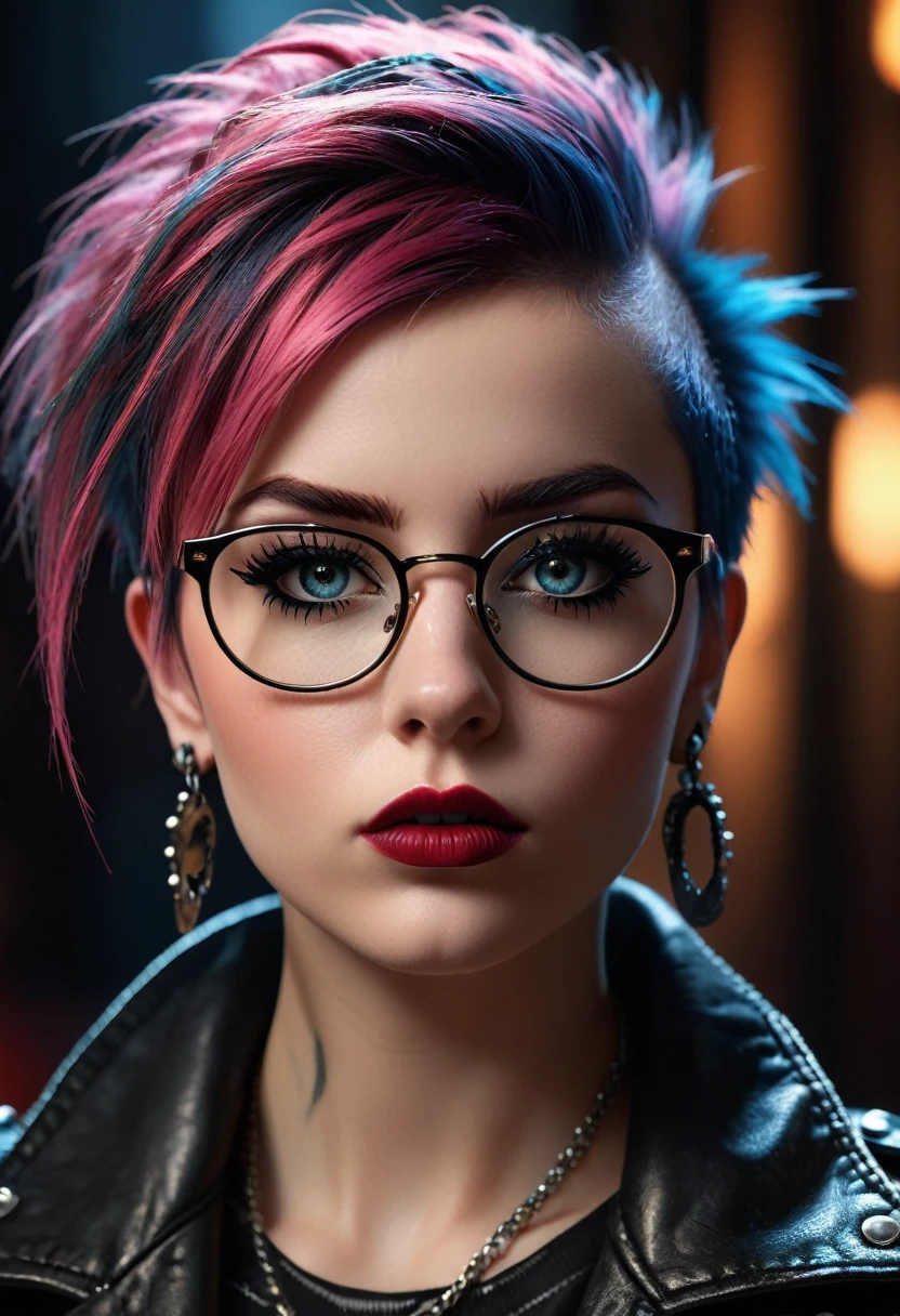 a punk girl with glasses, beautiful detailed eyes, beautiful detailed lips, extremely detailed eyes and face, long eyelashes, punk style, punk fashion, punk aesthetic, moody lighting, dramatic lighting, high contrast, cinematic, chiaroscuro, dark, gritty, edgy, intense, (best quality,8k,highres,masterpiece:1.2),ultra-detailed,(realistic,photorealistic,photo-realistic:1.37)