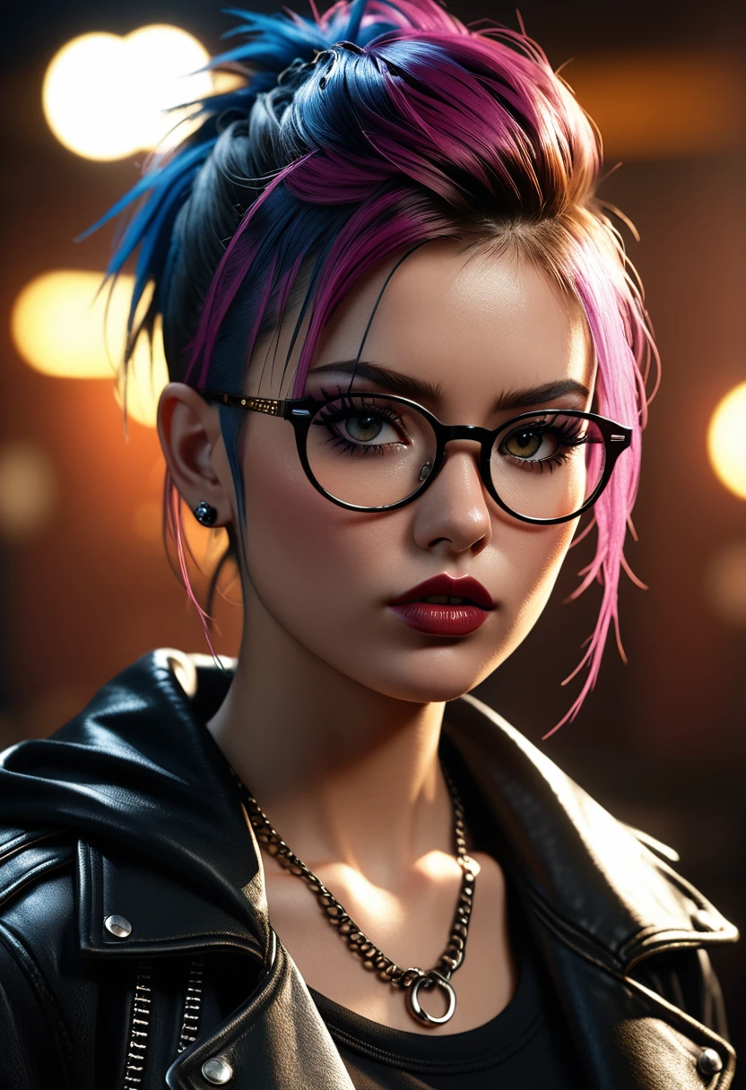 a punk girl with glasses, beautiful detailed eyes, beautiful detailed lips, extremely detailed eyes and face, long eyelashes, punk style, punk fashion, punk aesthetic, moody lighting, dramatic lighting, high contrast, cinematic, chiaroscuro, dark, gritty, edgy, intense, (best quality,8k,highres,masterpiece:1.2),ultra-detailed,(realistic,photorealistic,photo-realistic:1.37)