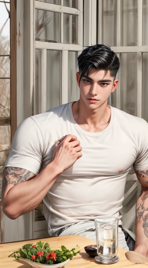 masterpiece, 1boy, young, handsome, black hair, undercut hair, perfect face, detailed eyes and face,black eyes, clean shaved, muscular, capturing a rural atmosphere, dynamic lighting, unreal engine 5