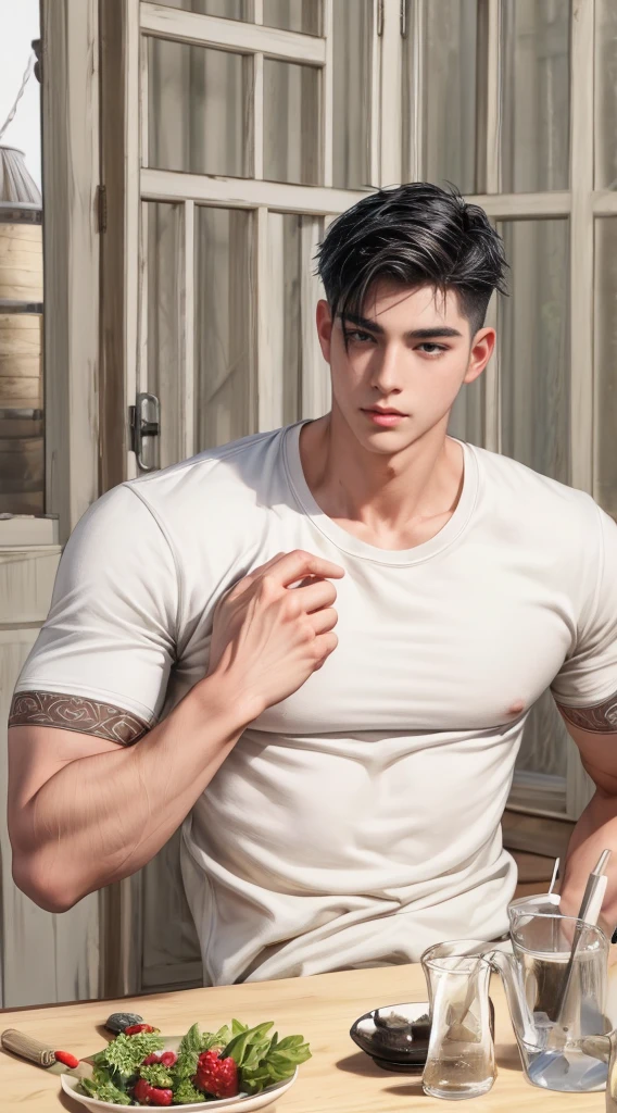 masterpiece, 1boy, young, handsome, black hair, undercut hair, perfect face, detailed eyes and face,black eyes, clean shaved, muscular, capturing a rural atmosphere, dynamic lighting, unreal engine 5