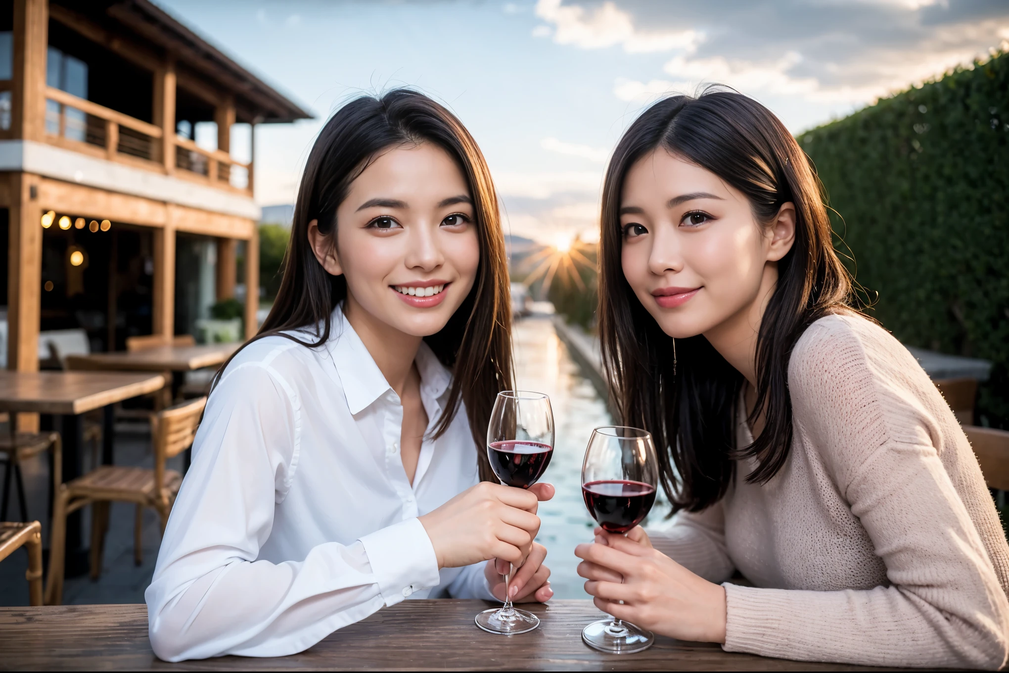 ((highest quality、8k、masterpiece:1.3))、1 male、1 female、石原さとみさん似Couple、Spouse、Couple、The body is slim、((Bob Hale、Straight hair:1.2)), (Realistic, Intricate details:1.2), テーブルの上のwine glass、Shine light on your face、 Amazing view of the sunset sky and clouds、Amazing mountain views、A bright smile、The wonderfulness of smile、Bright image、The beauty of wine, Beautiful Face, blue eyes, The light shines on your face, Blushing, short hair,Bright Face、 (Age 37), 39 years old, red wine 、Appetizers、Italian food、Wine bottle、Champagne、sparkling wine、Two beauties、Brown Hair、Shortcuts、Long sleeve shirt、dress、Pretty Woman 1, (slimな顔), (The body is slim), (Brown Hair), (Shortcuts), cheeks turn a little red,Attractive beauty、restaurant, In a prominent place (From the waist up) Nova Frog Style, actress, model, Upper Body, White wine, slim, wine glass, 中央に置かれたwine glass, smile, (smile: 1.15), Beautiful fine grain, Depth f/2,saturation, High Contrast, Strong light and shadow,Moist Body:1.5、3D texture、Delicate eyes、Brown Hair、The hair is very shiny、