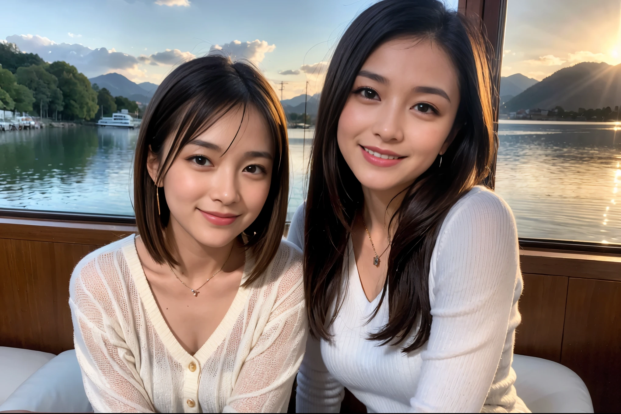 ((highest quality、8k、masterpiece:1.3))、1 male、1 female、石原さとみさん似Couple、Spouse、Couple、The body is slim、((Bob Hale、Straight hair:1.2)), (Realistic, Intricate details:1.2), テーブルの上のwine glass、Shine light on your face、 Amazing view of the sunset sky and clouds、Amazing mountain views、A bright smile、The wonderfulness of smile、Bright image、The beauty of wine, Beautiful Face, blue eyes, The light shines on your face, Blushing, short hair,Bright Face、 (Age 37), 39 years old, red wine 、Appetizers、Italian food、Wine bottle、Champagne、sparkling wine、Two beauties、Brown Hair、Shortcuts、Long sleeve shirt、dress、Pretty Woman 1, (slimな顔), (The body is slim), (Brown Hair), (Shortcuts), cheeks turn a little red,Attractive beauty、restaurant, In a prominent place (From the waist up) Nova Frog Style, actress, model, Upper Body, White wine, slim, wine glass, 中央に置かれたwine glass, smile, (smile: 1.15), Beautiful fine grain, Depth f/2,saturation, High Contrast, Strong light and shadow,Moist Body:1.5、3D texture、Delicate eyes、Brown Hair、The hair is very shiny、