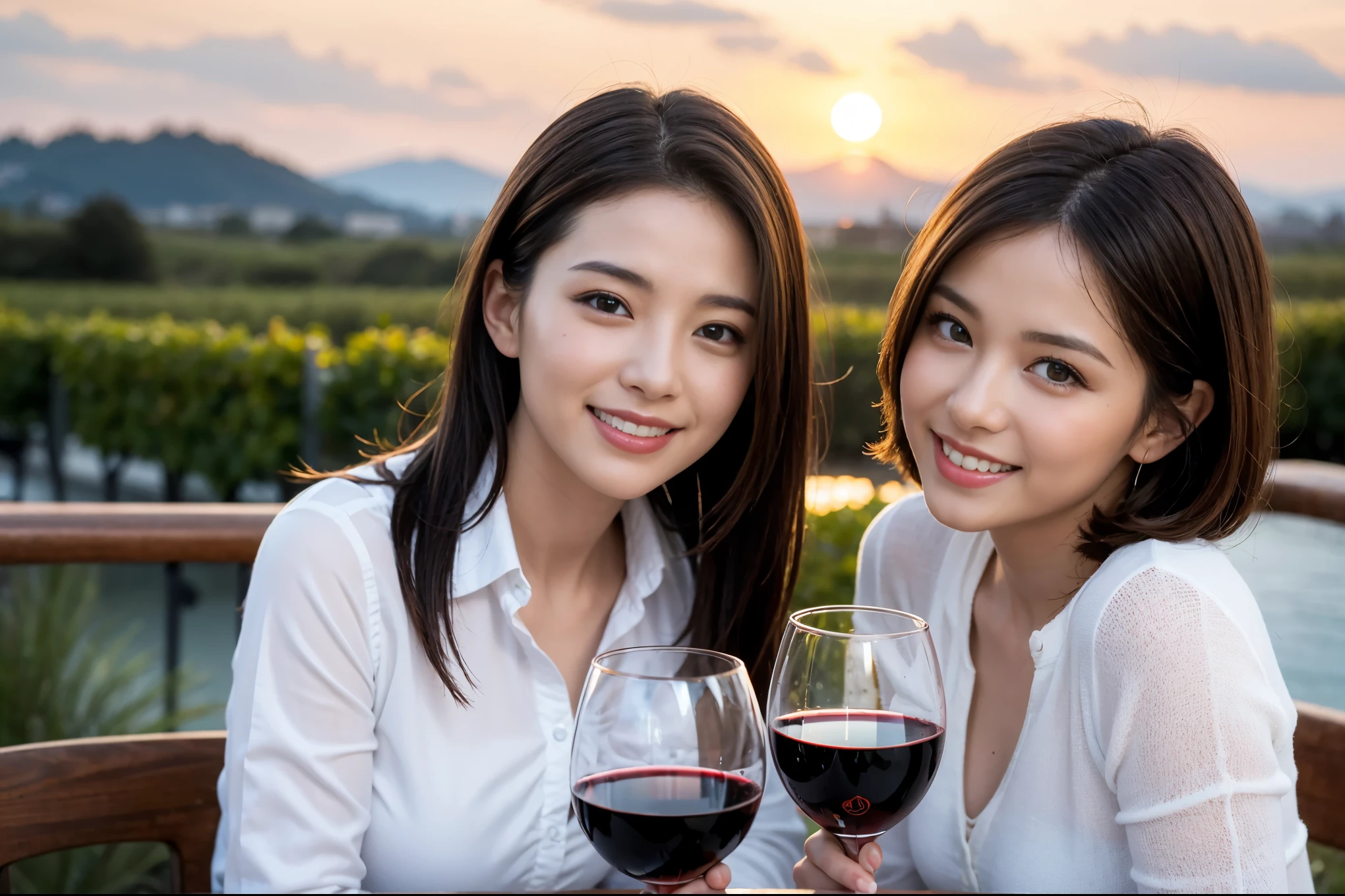 ((highest quality、8k、masterpiece:1.3))、1 male、1 female、石原さとみさん似Couple、Spouse、Couple、The body is slim、((Bob Hale、Straight hair:1.2)), (Realistic, Intricate details:1.2), テーブルの上のwine glass、Shine light on your face、 Amazing view of the sunset sky and clouds、Amazing mountain views、A bright smile、The wonderfulness of smile、Bright image、The beauty of wine, Beautiful Face, blue eyes, The light shines on your face, Blushing, short hair,Bright Face、 (Age 37), 39 years old, red wine 、Appetizers、Italian food、Wine bottle、Champagne、sparkling wine、Two beauties、Brown Hair、Shortcuts、Long sleeve shirt、dress、Pretty Woman 1, (slimな顔), (The body is slim), (Brown Hair), (Shortcuts), cheeks turn a little red,Attractive beauty、restaurant, In a prominent place (From the waist up) Nova Frog Style, actress, model, Upper Body, White wine, slim, wine glass, 中央に置かれたwine glass, smile, (smile: 1.15), Beautiful fine grain, Depth f/2,saturation, High Contrast, Strong light and shadow,Moist Body:1.5、3D texture、Delicate eyes、Brown Hair、The hair is very shiny、