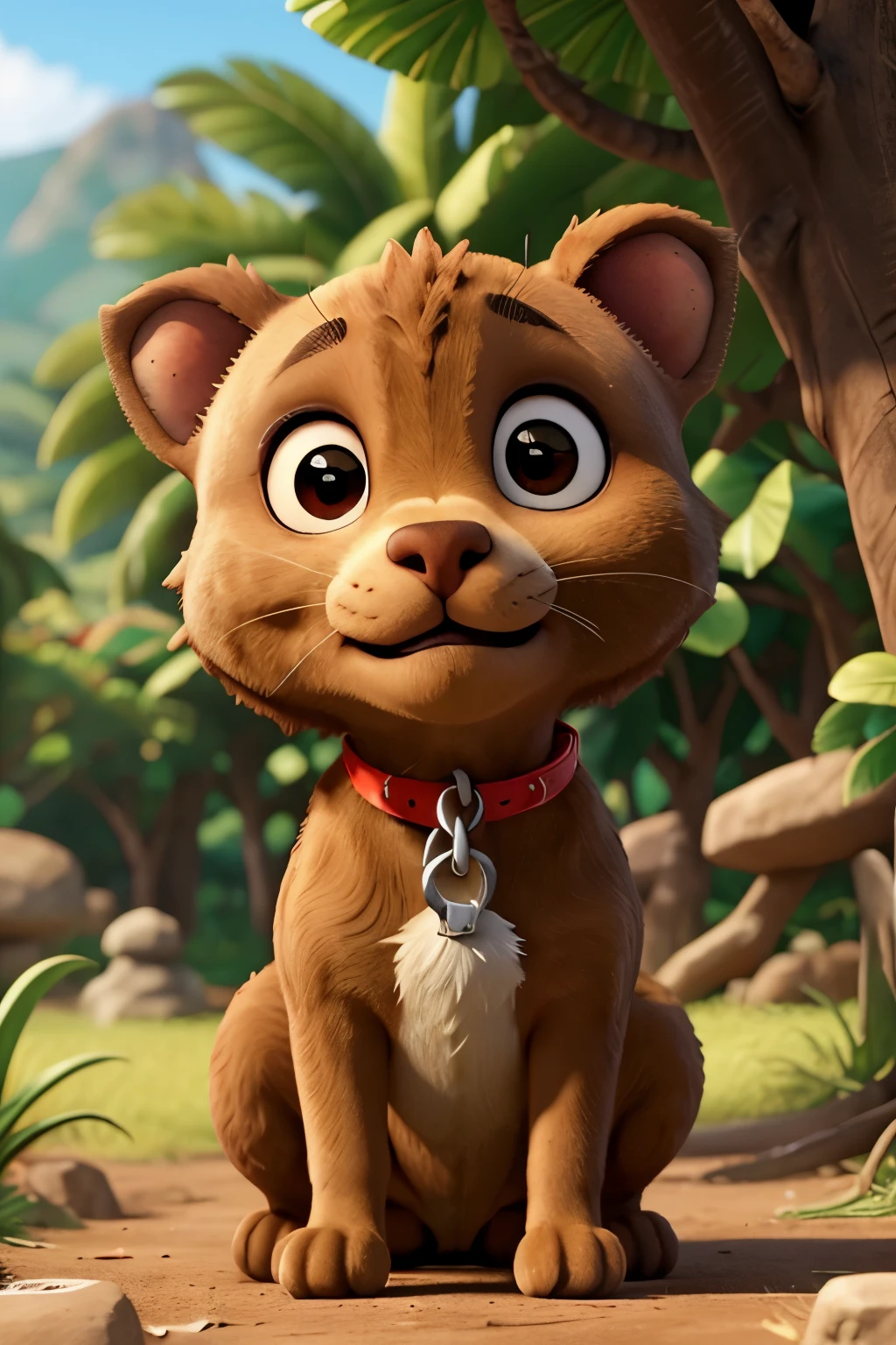 Pitbull, marrom,olhos verdes,fofo, patinha branca, coleira vermelha com preto,olho com brilho,um olho piscando, nature in the setting,e uma plaquinha escrita bem vindo.