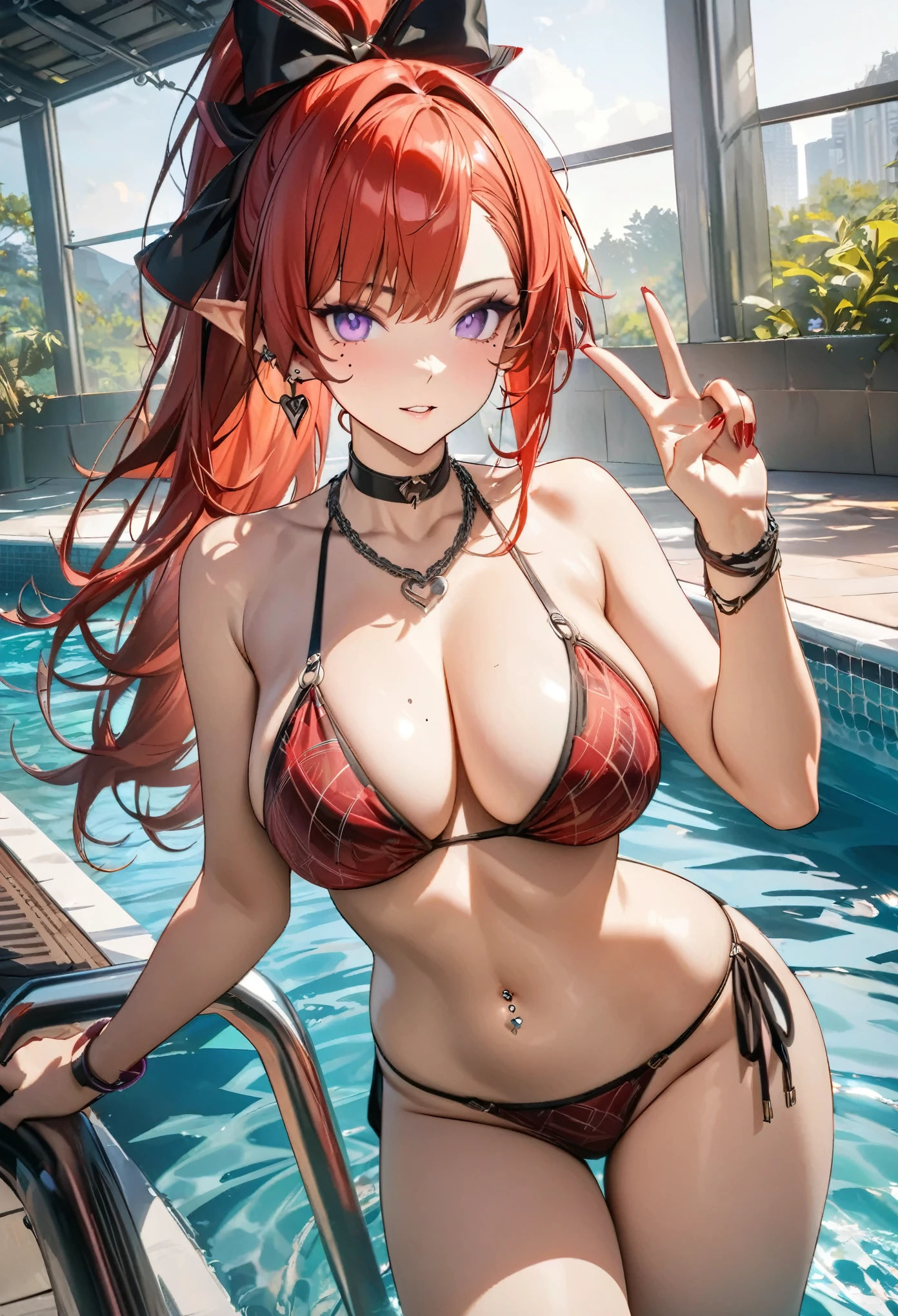 masterpiece, top quality, best quality, official art, beautiful and aesthetic:1.2),(8k, best quality, masterpiece:1.2), (((masterpiece))),(((best quality))),(((extremely detailed))), illustration, who, (masterpiece, top quality, best quality, official art, beautiful and aesthetic:1.2),(8k, best quality, masterpiece:1.2), yinlin_(wuthering_waves), 1girl, solo, pointy ears, score_9,score_8_up,score_7_up,mole_under_eye,1girl,mature woman, long hair, , red hair, navel piercing, ((red patterned string bikini)), hand on own hip, purple eyes, navel, pointy ears, jewelry,looking at viewer, choker, very long hair, red nails, breasts, chain necklace, ponytail, piercing, midriff, hairband,earrings, cowboy shot, standing, stomach, bracelet, black hairband, nail polish, heart, bow, thighs, hand up, hair bow, alternate costume, large breasts, w, parted lips, v, tattoo, swimming pool